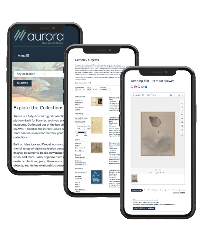 Aurora displayed on mobile devices, showing the homepage, collection browsing, and Mirador image viewer.