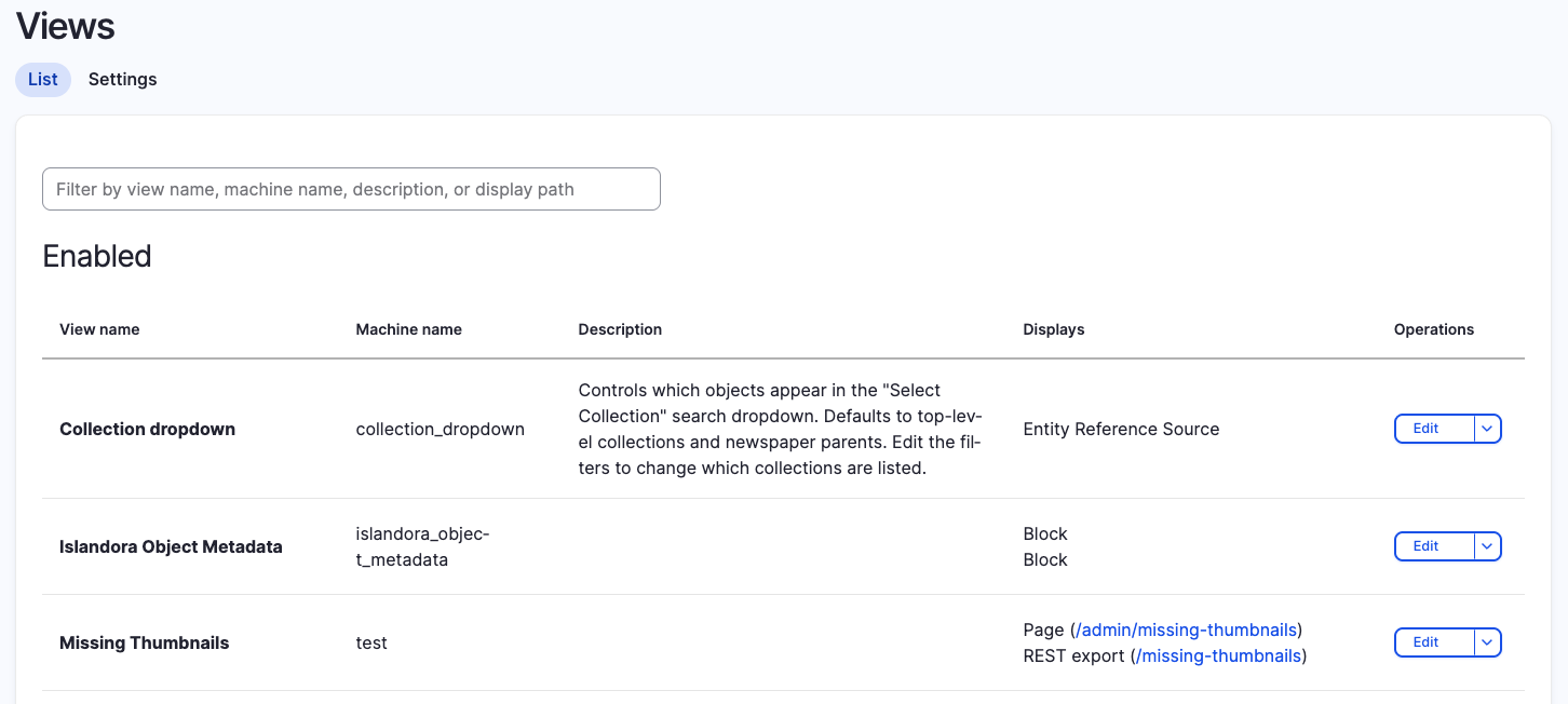 Aurora Views page showing editable Collection dropdown, Islandora Object Metadata, and Missing Thumbnails views.