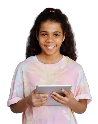 Student smiling while holding a tablet device