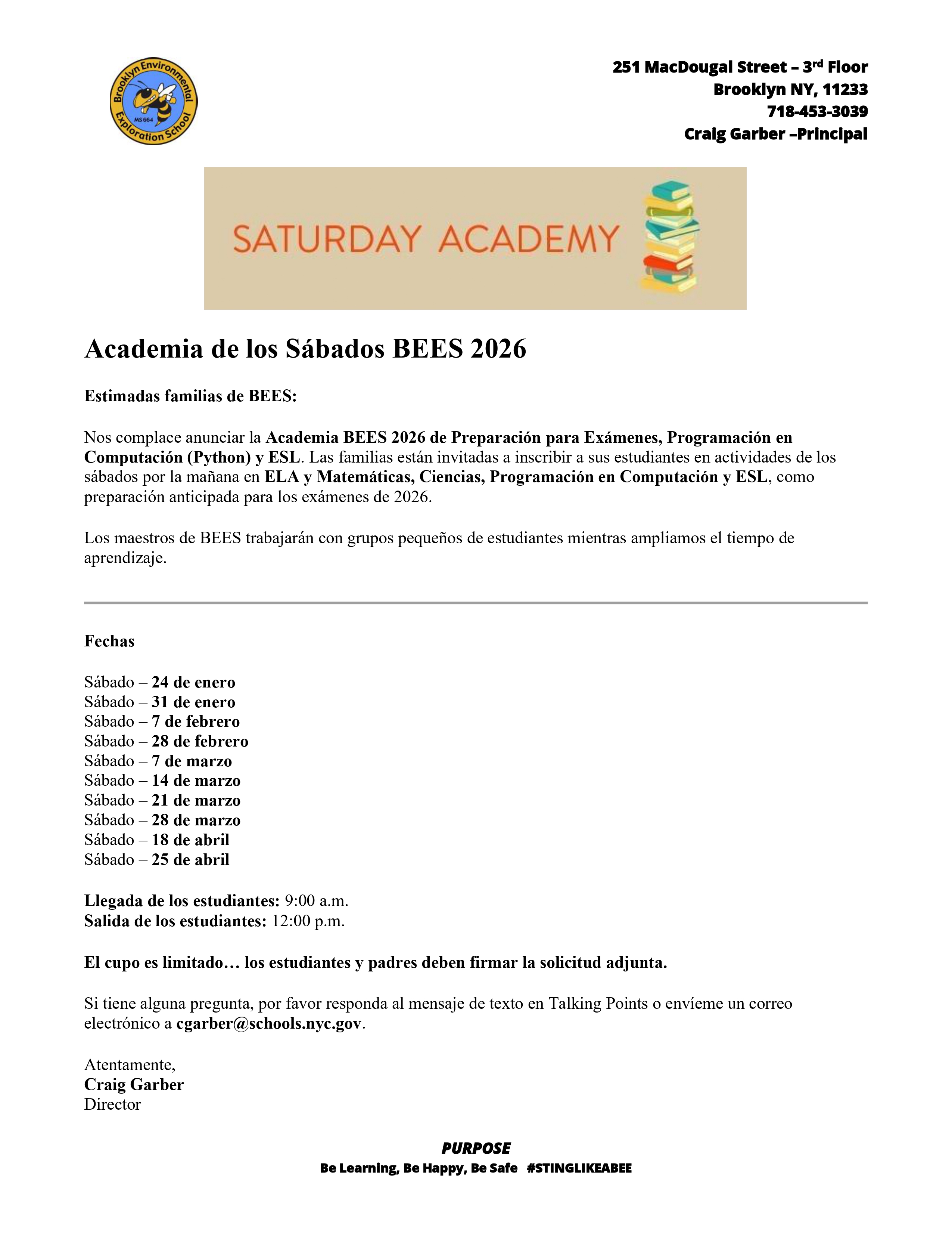 BEES Saturday Academy 2026 SP flyer