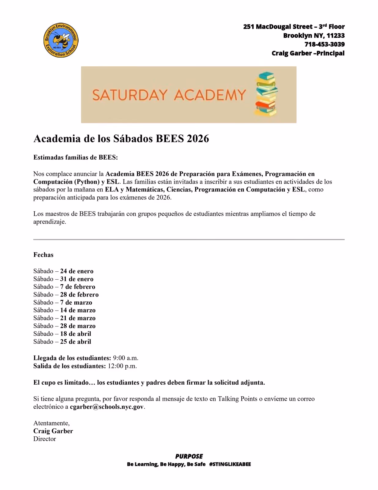 BEES Saturday Academy 2026 SP flyer