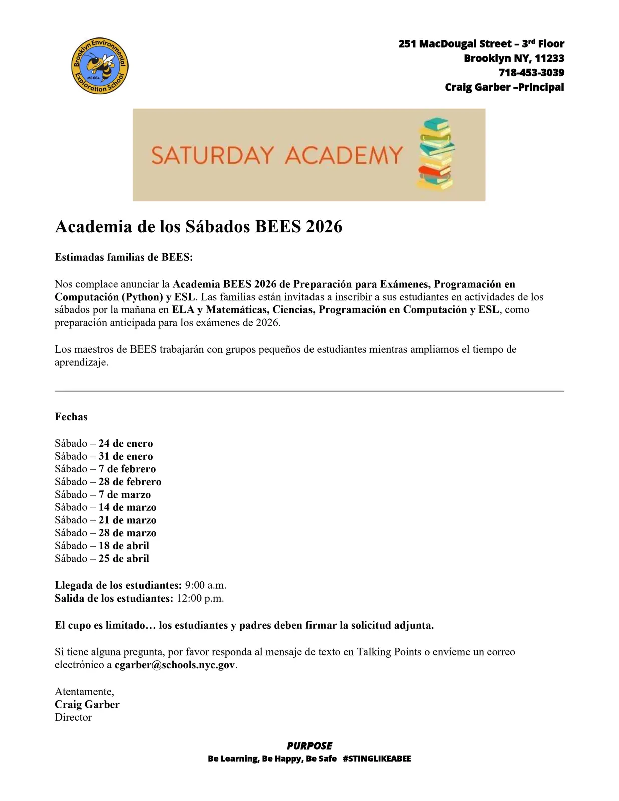 BEES Saturday Academy 2026 SP flyer