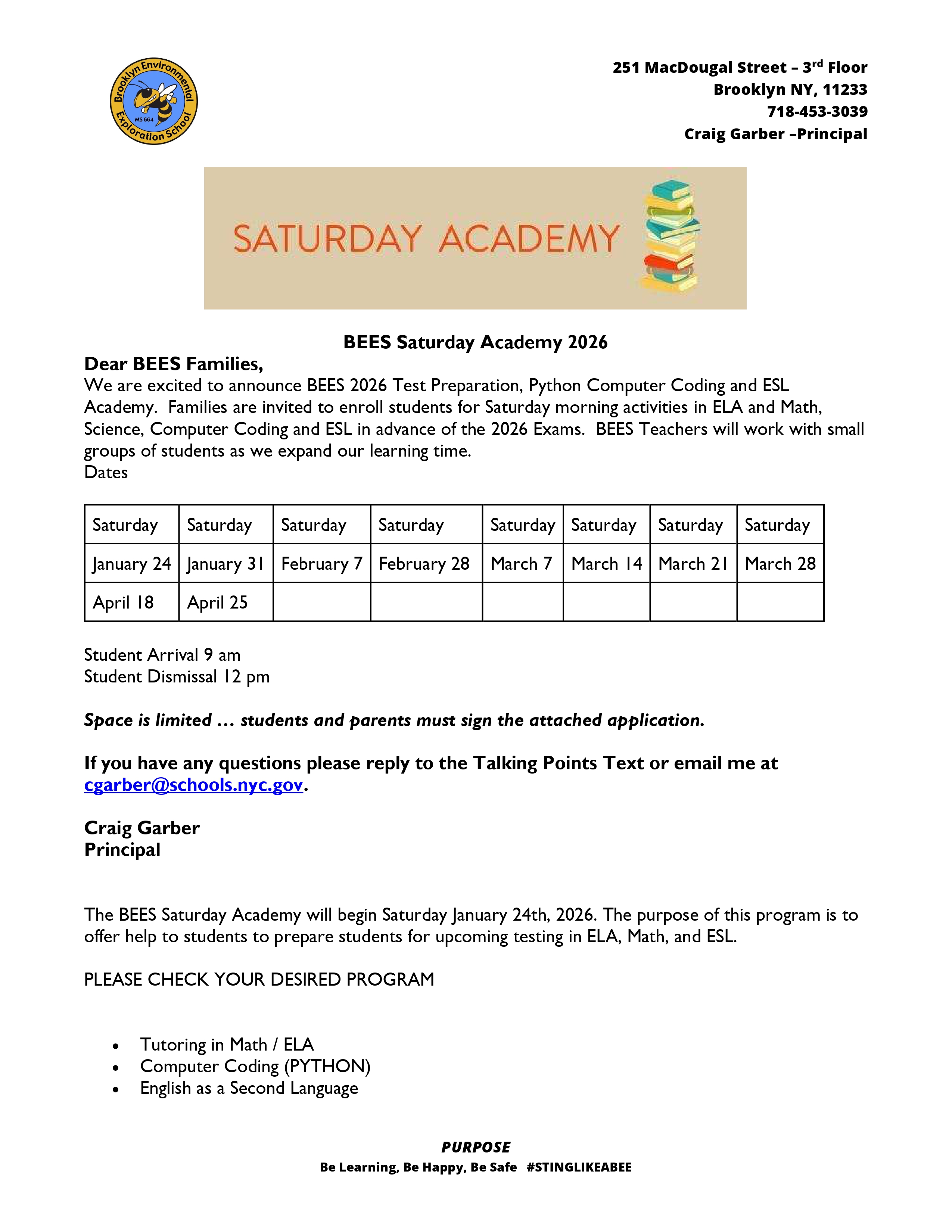 BEES Saturday Academy 2026 SP flyer