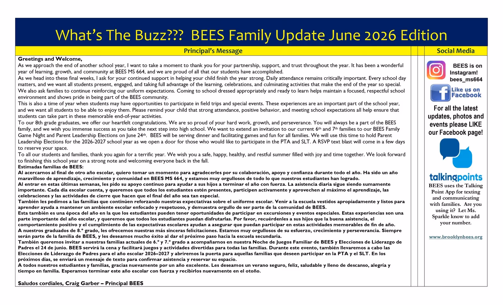 BEES MS 664 family newsletter June 2026 principal message bilingual