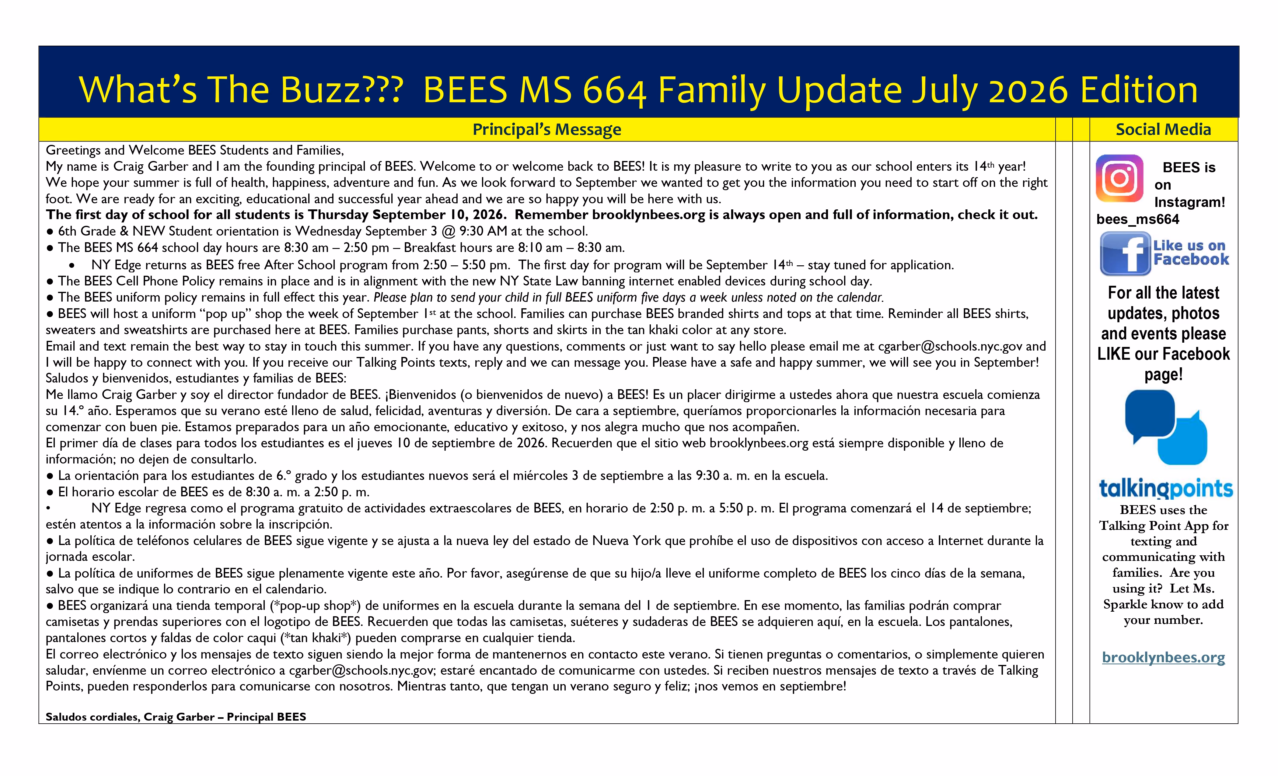 BEES MS 664 Family Update newsletter July 2026 edition