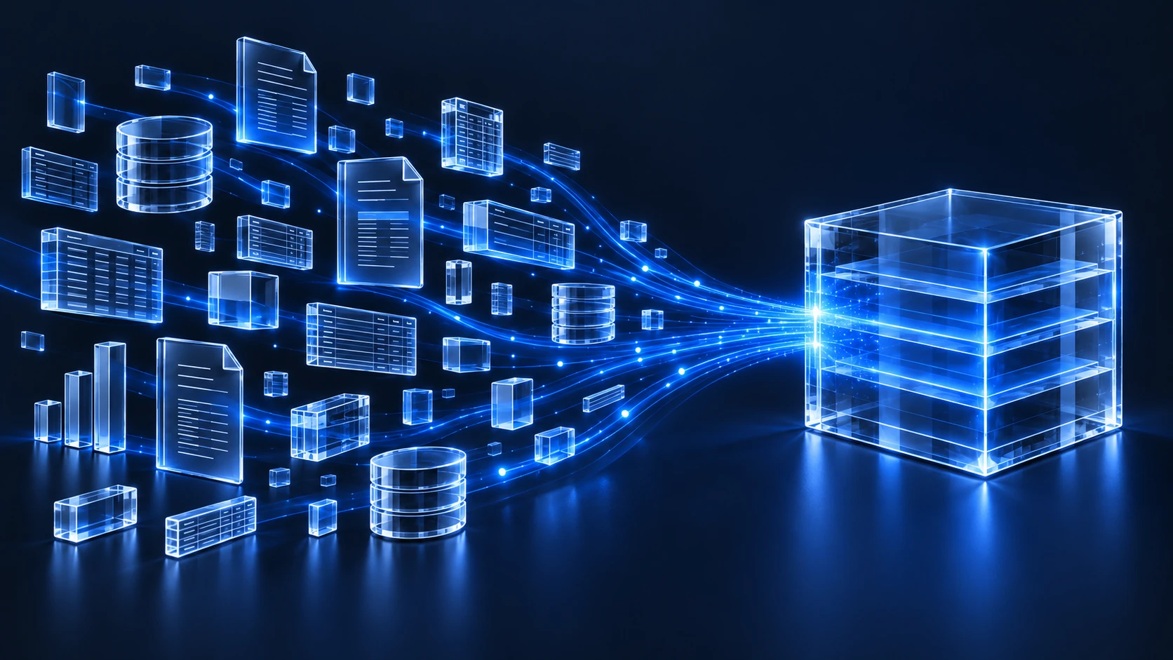 Glass streams of data converging into a unified flow