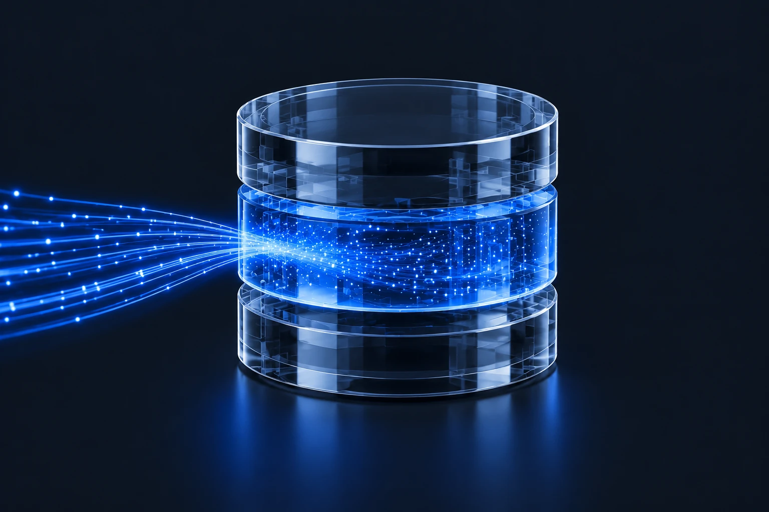 Blue data streams entering a transparent glass database