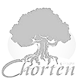 Sylwetka drzewa z rozłożystą koroną i dużymi korzeniami oraz słowo 'Chorten' napisane kursywą pod spodem.