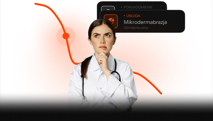 Zastanawiająca się kobieta lekarz w białym fartuchu na tle pomarańczowego abstrakcyjnego wzoru z powiadomieniem o usługach mikrodermabrazji i obniżce ceny.