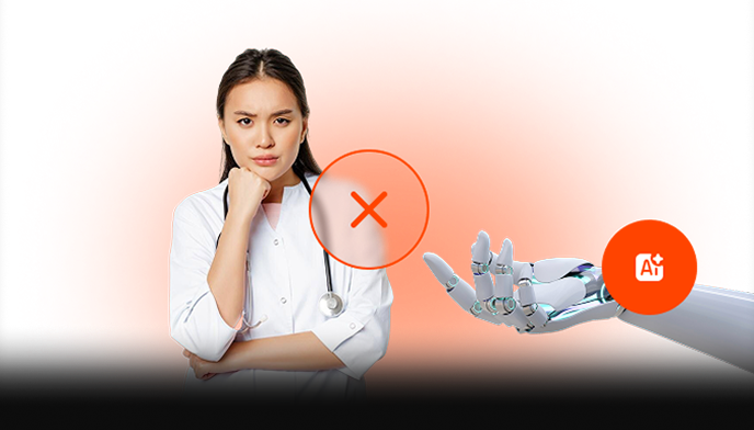 Lekarka w białym fartuchu ze stetoskopem, z zaniepokojonym wyrazem twarzy, stojąca naprzeciwko wyciągniętej robota ręki na pomarańczowym tle.