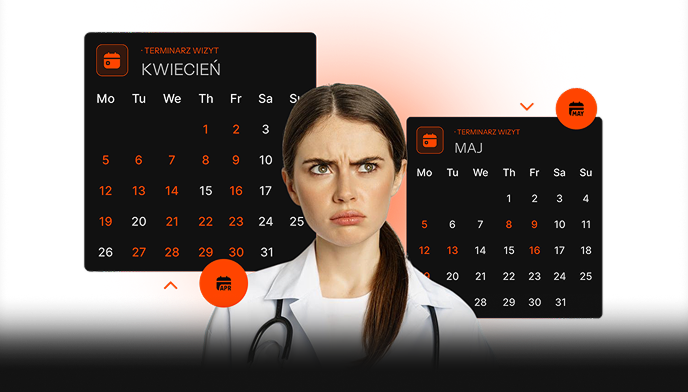 Zamieszana kobieta w białym fartuchu lekarskim i stetoskopie stoi między kalendarzami wizyt na kwiecień i maj.