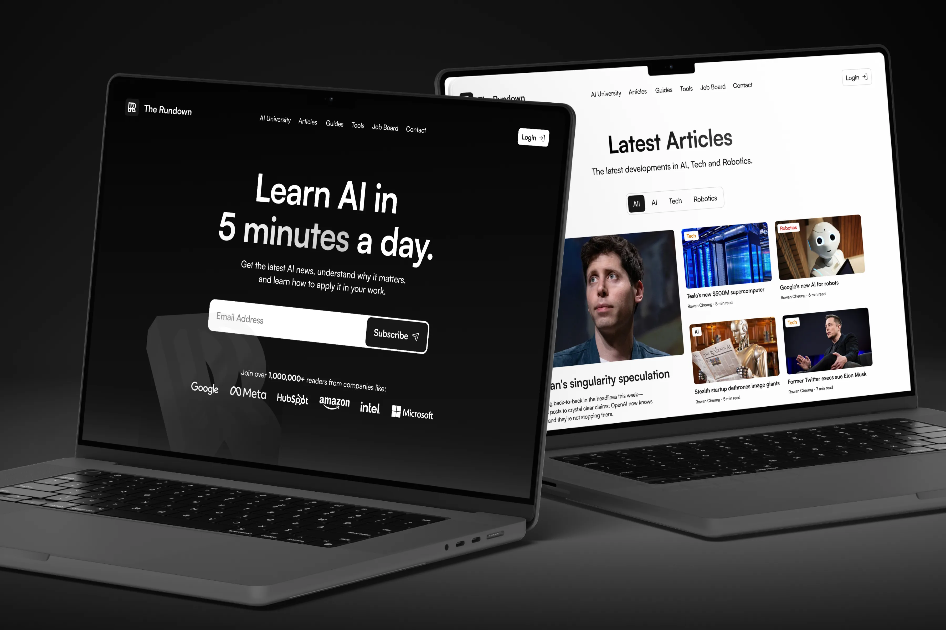 Two laptops showcasing The Rundown AI platform.