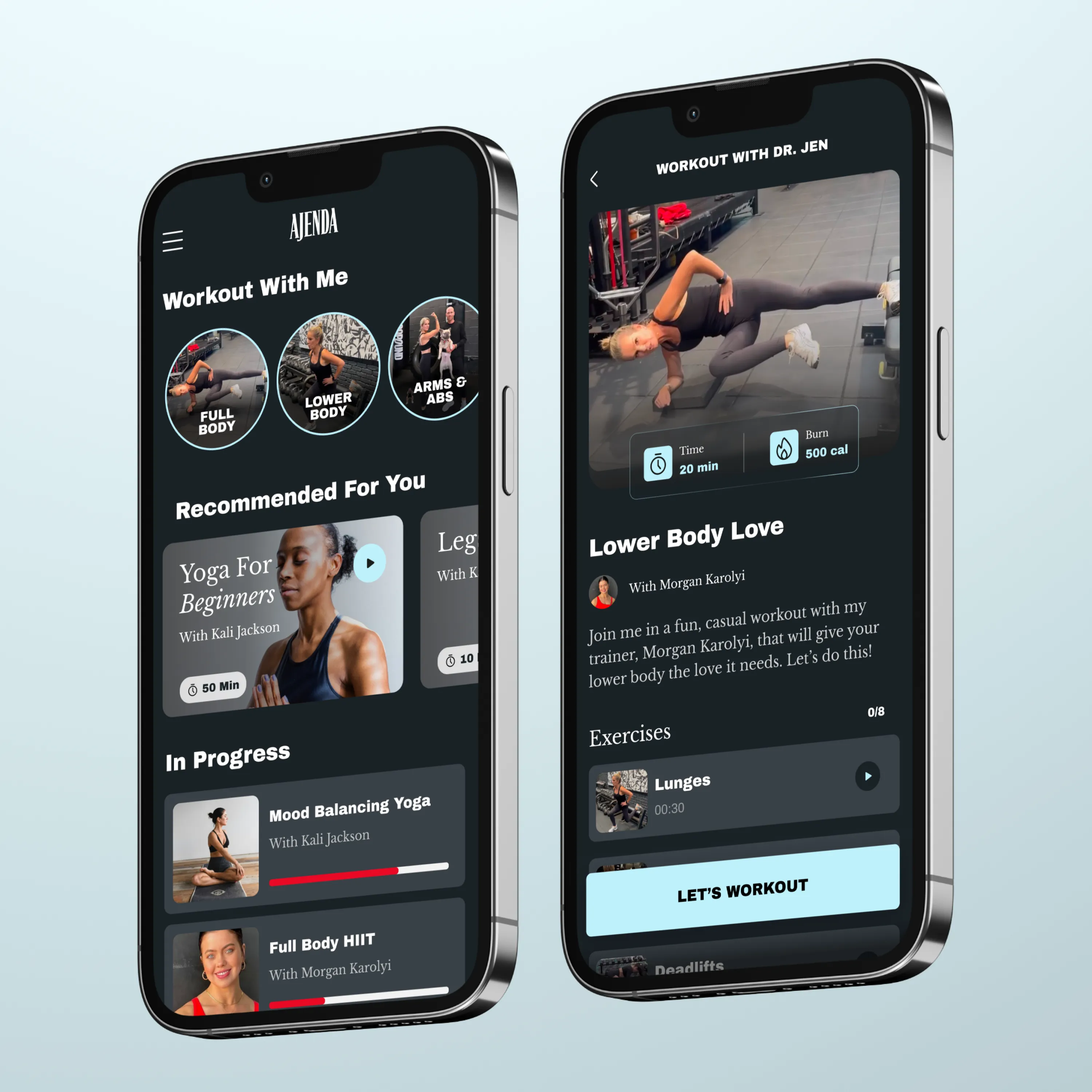 Ajenda fitness app interface showing workout programs, progress tracking, and video classes.