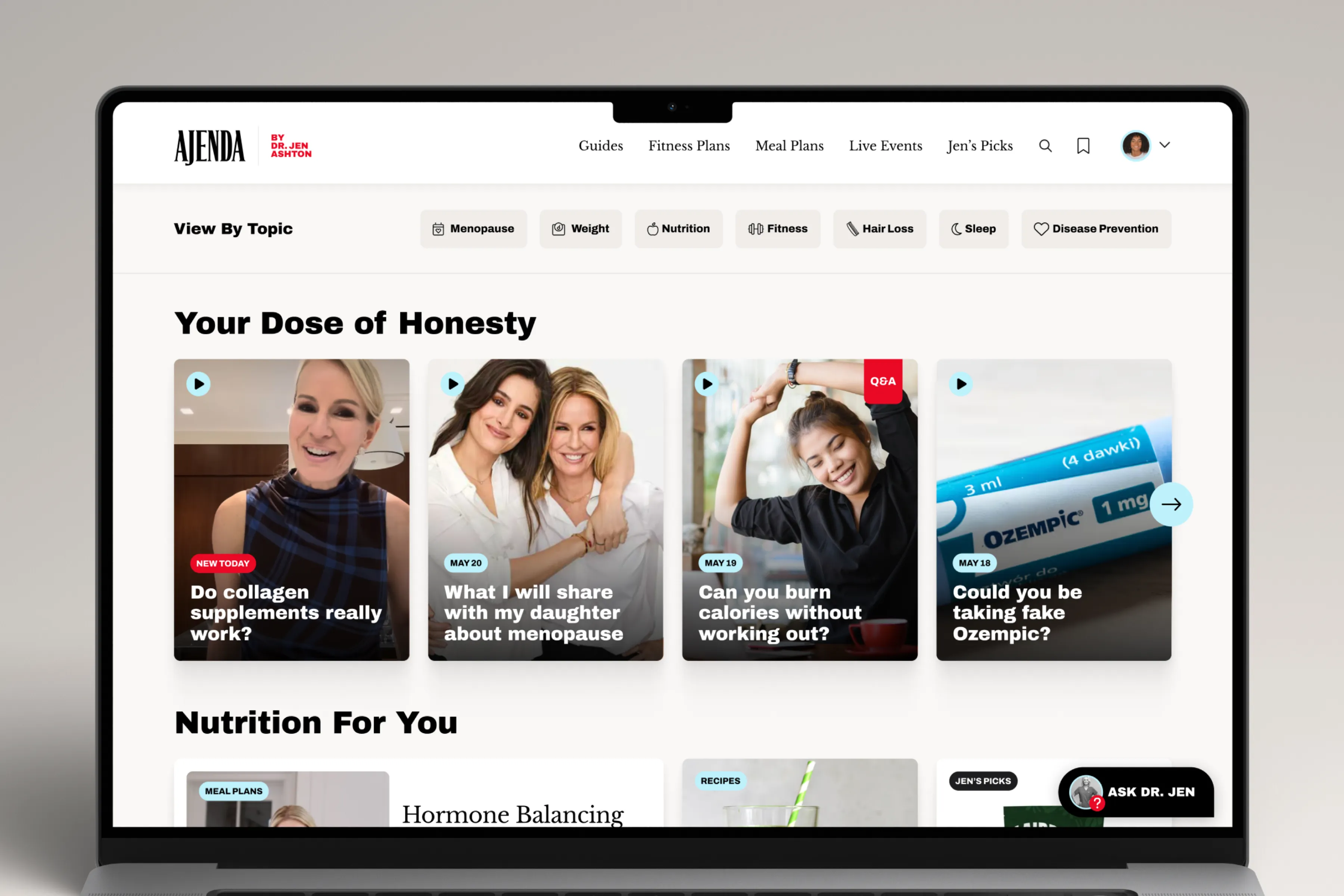Ajenda platform interface showing health videos, Q&As, and wellness content by Dr. Jen Ashton.