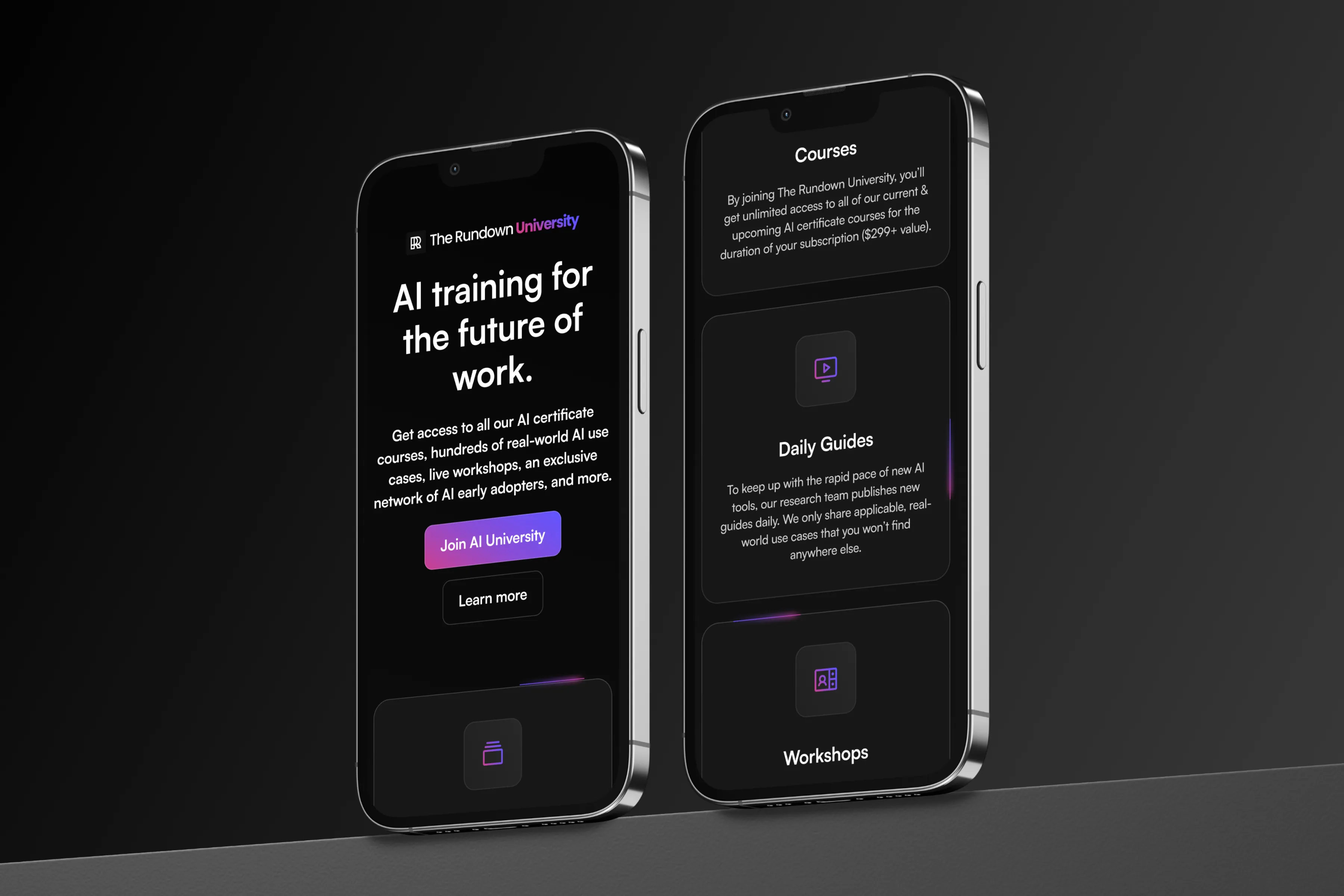Two smartphones displaying The Rundown AI’s onboarding screens, highlighting its mission to simplify AI and empower professionals through daily insights.