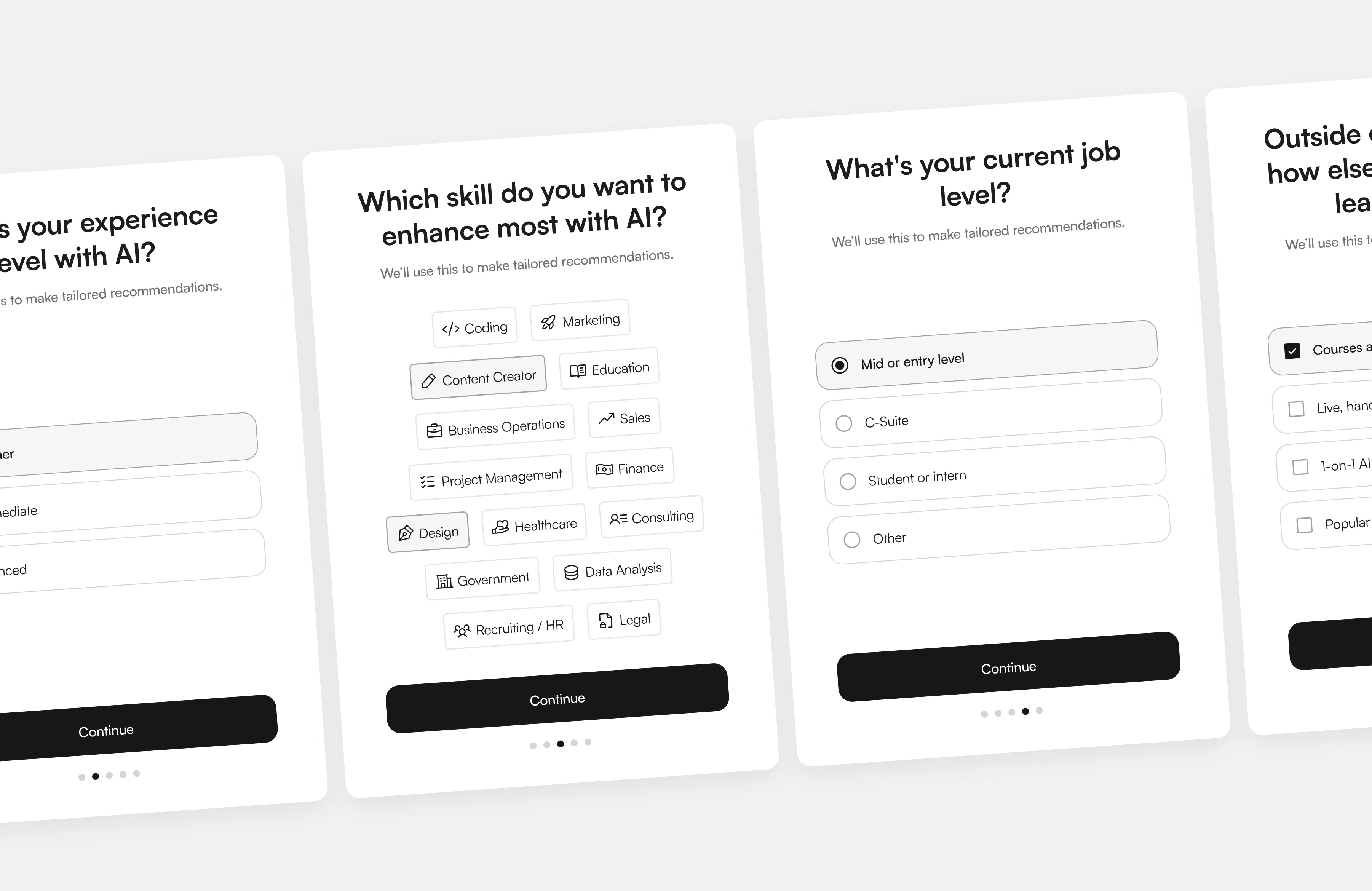 Four mobile screens showing The Rundown AI’s personalized onboarding quiz, helping tailor user content.