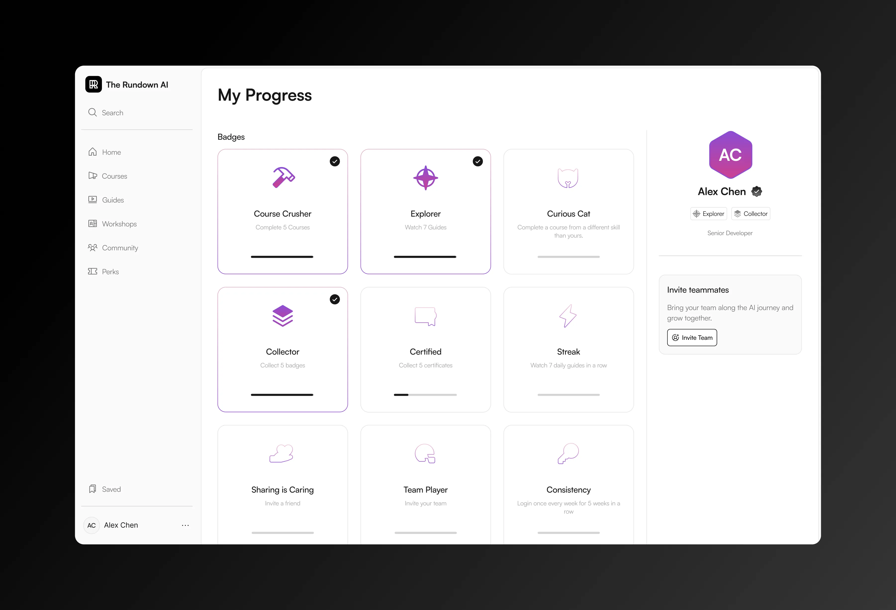 The Rundown AI University dashboard displaying user progress and course modules on a white interface.