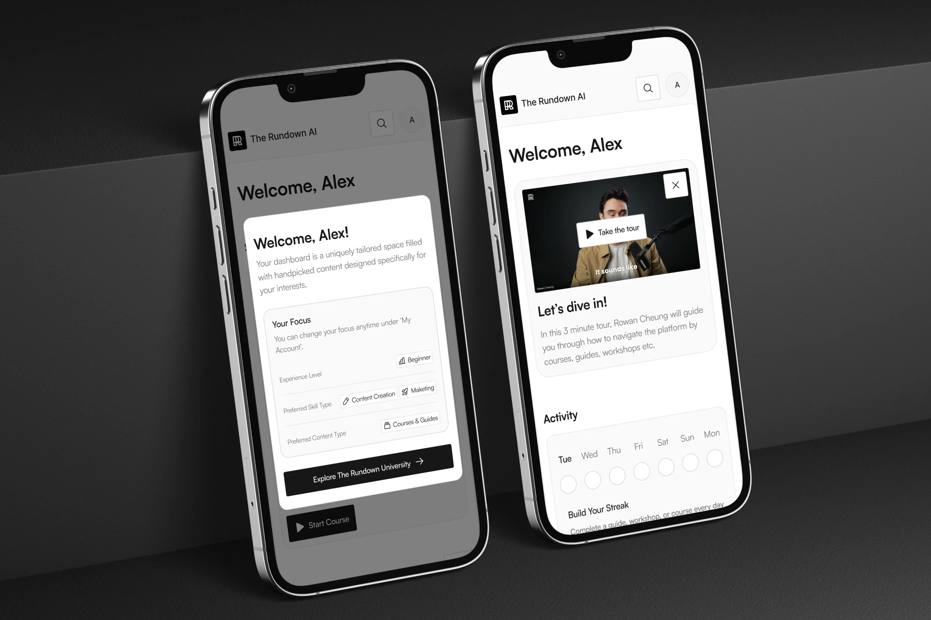 Mobile screens showing prompt details and results inside The Rundown AI platform.