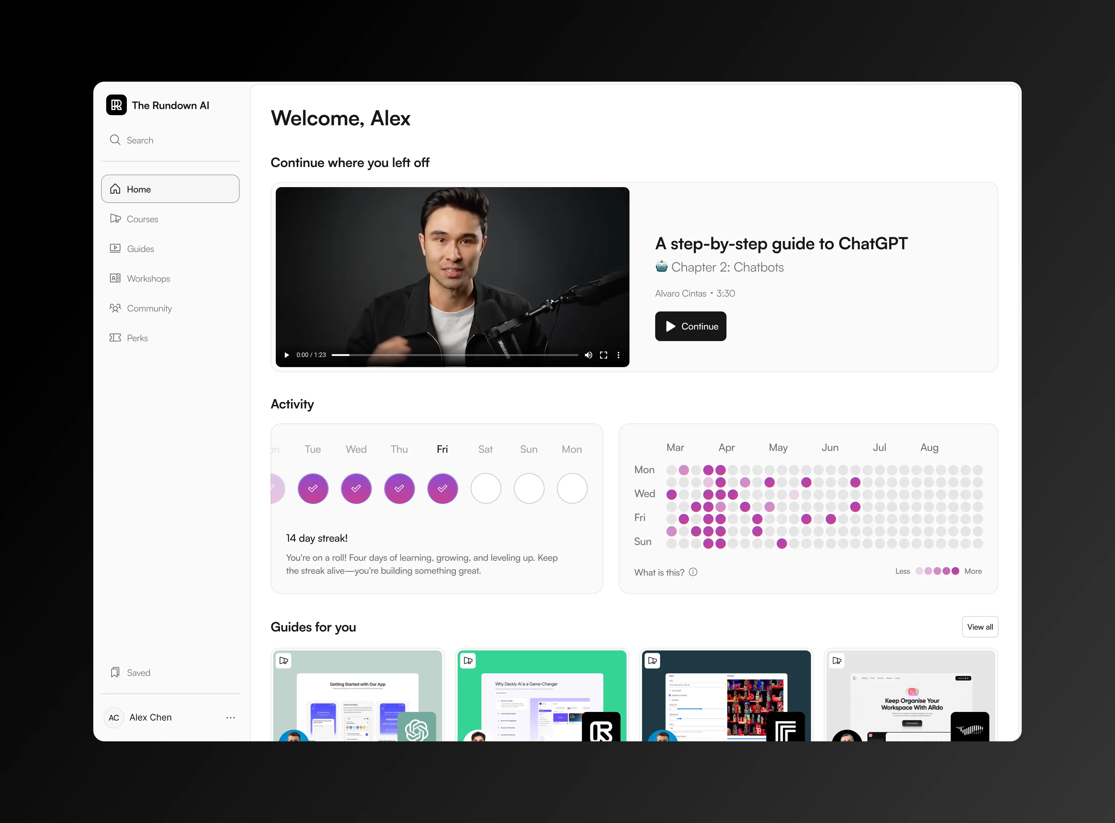 Dashboard view of The Rundown AI University with video, modules, and student progress.
