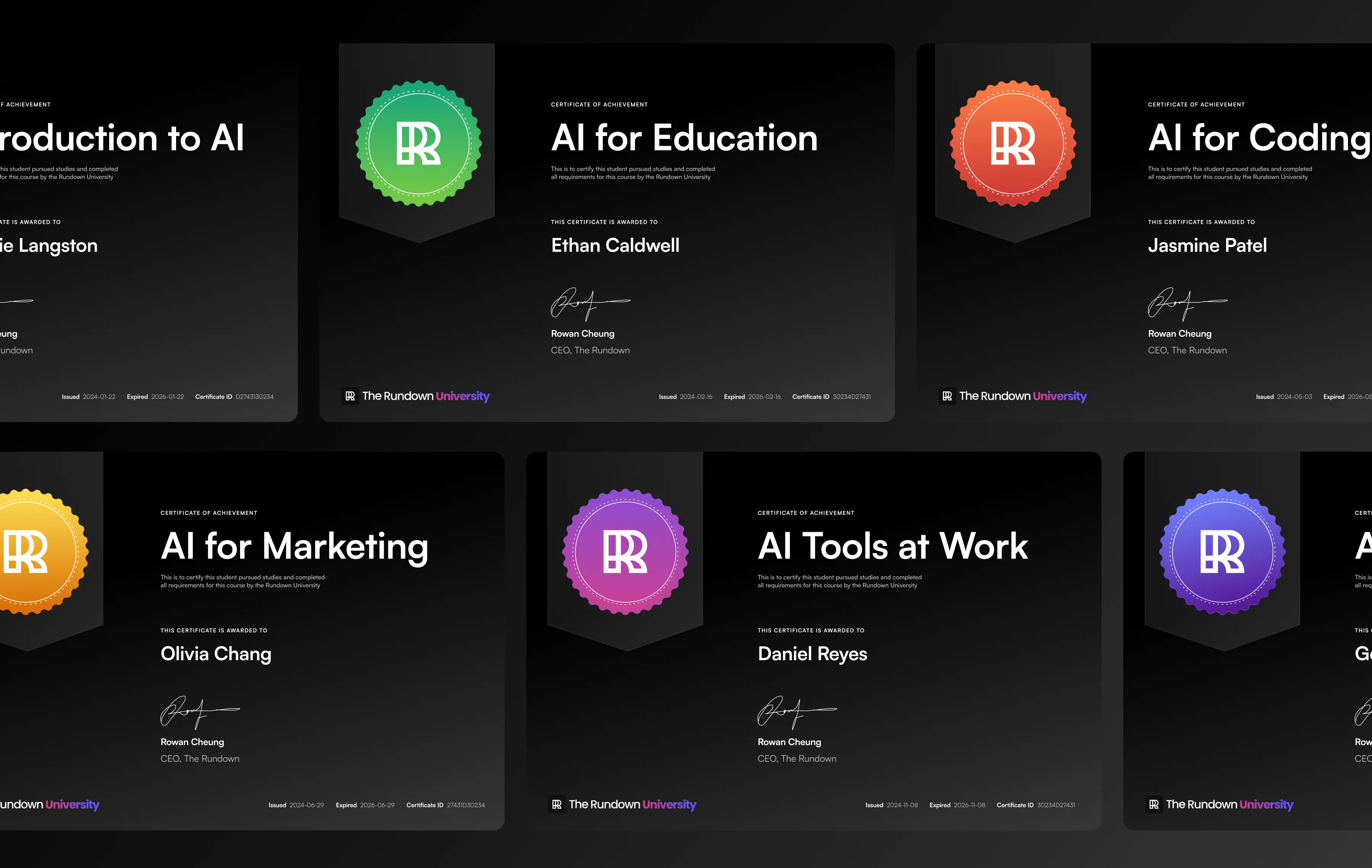 Course previews on The Rundown AI University, showcasing modules like Intro to AI, AI for Marketing, and AI Tools at Work on a dark-themed interface.