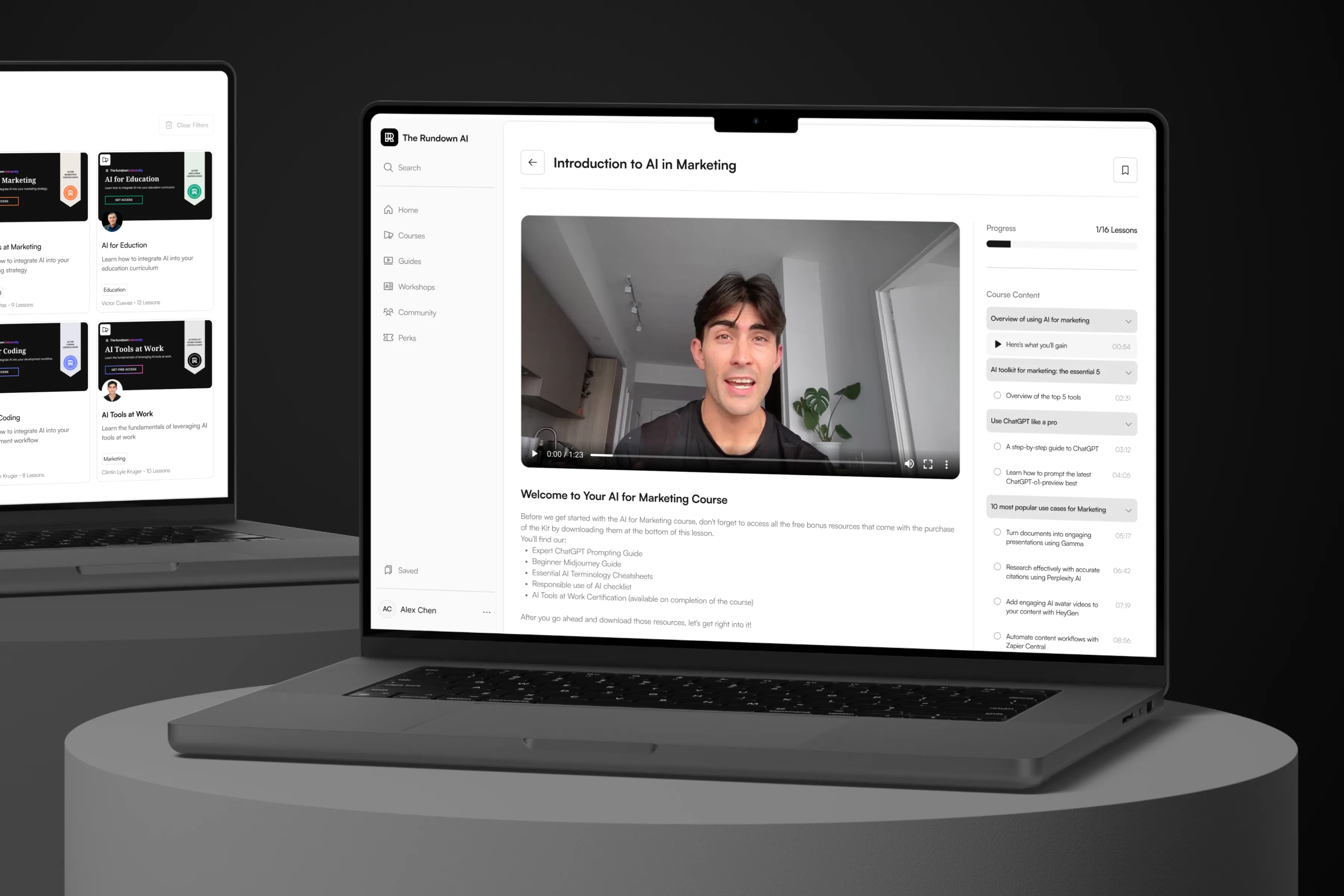 Course video interface of The Rundown AI University with lessons, transcript, and sidebar menu.