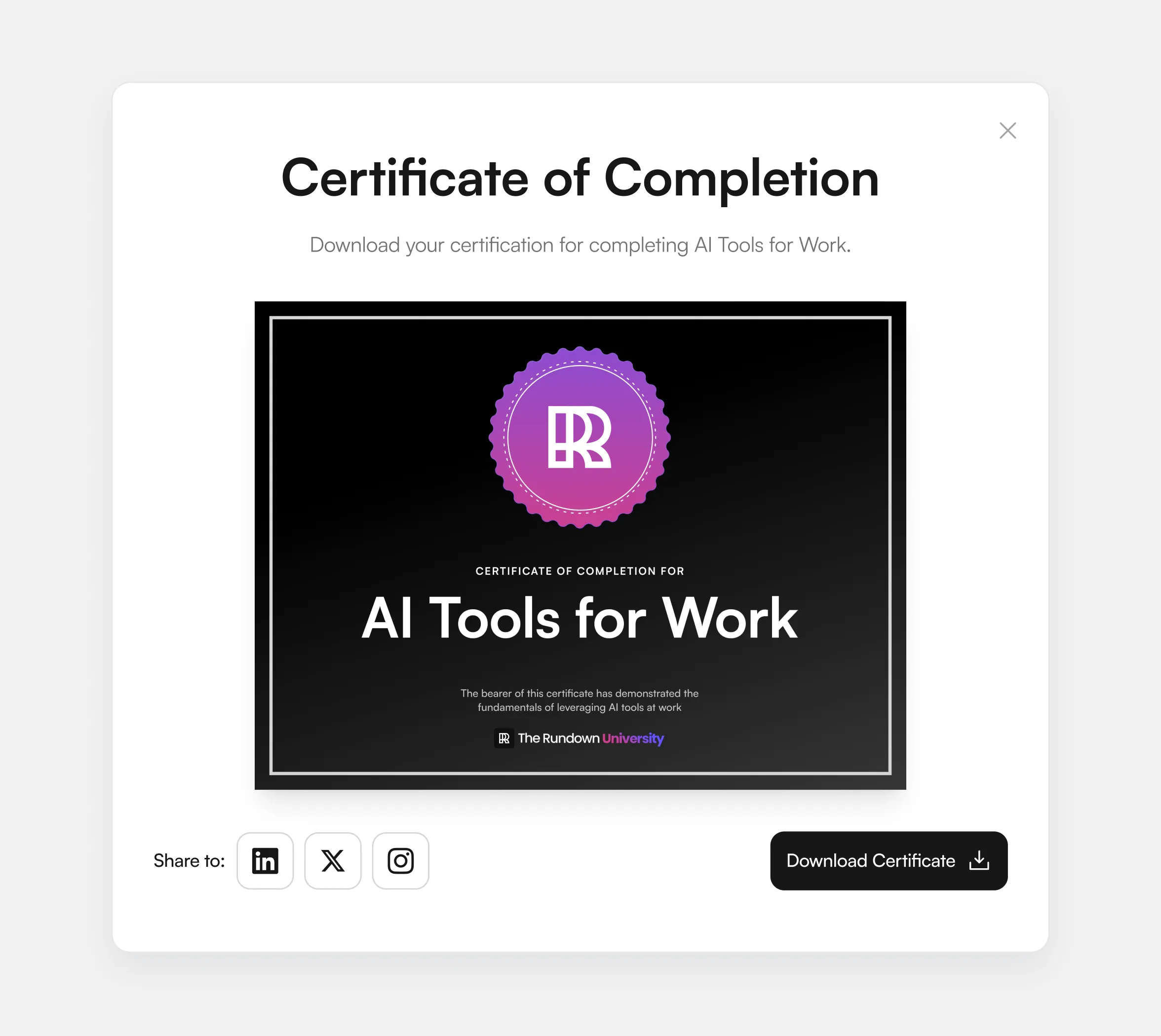Digital certificate of completion for the ‘AI Tools for Work’ course from The Rundown AI University, with a download button on the right.