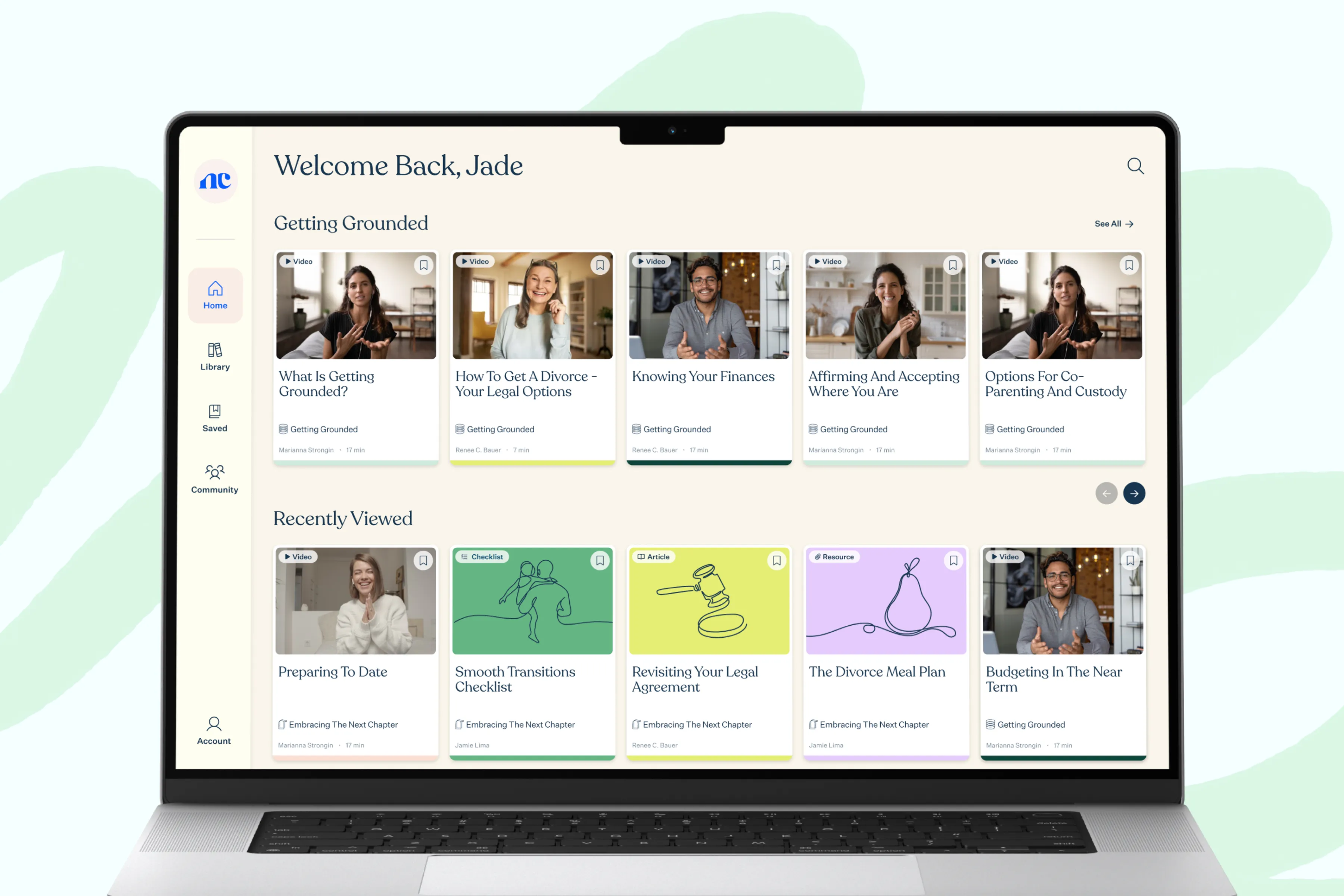 Desktop view of the My Next Chapter platform by Rare Days, featuring a personalized welcome message, video course thumbnails, and colorful resource cards for user learning and reflection.