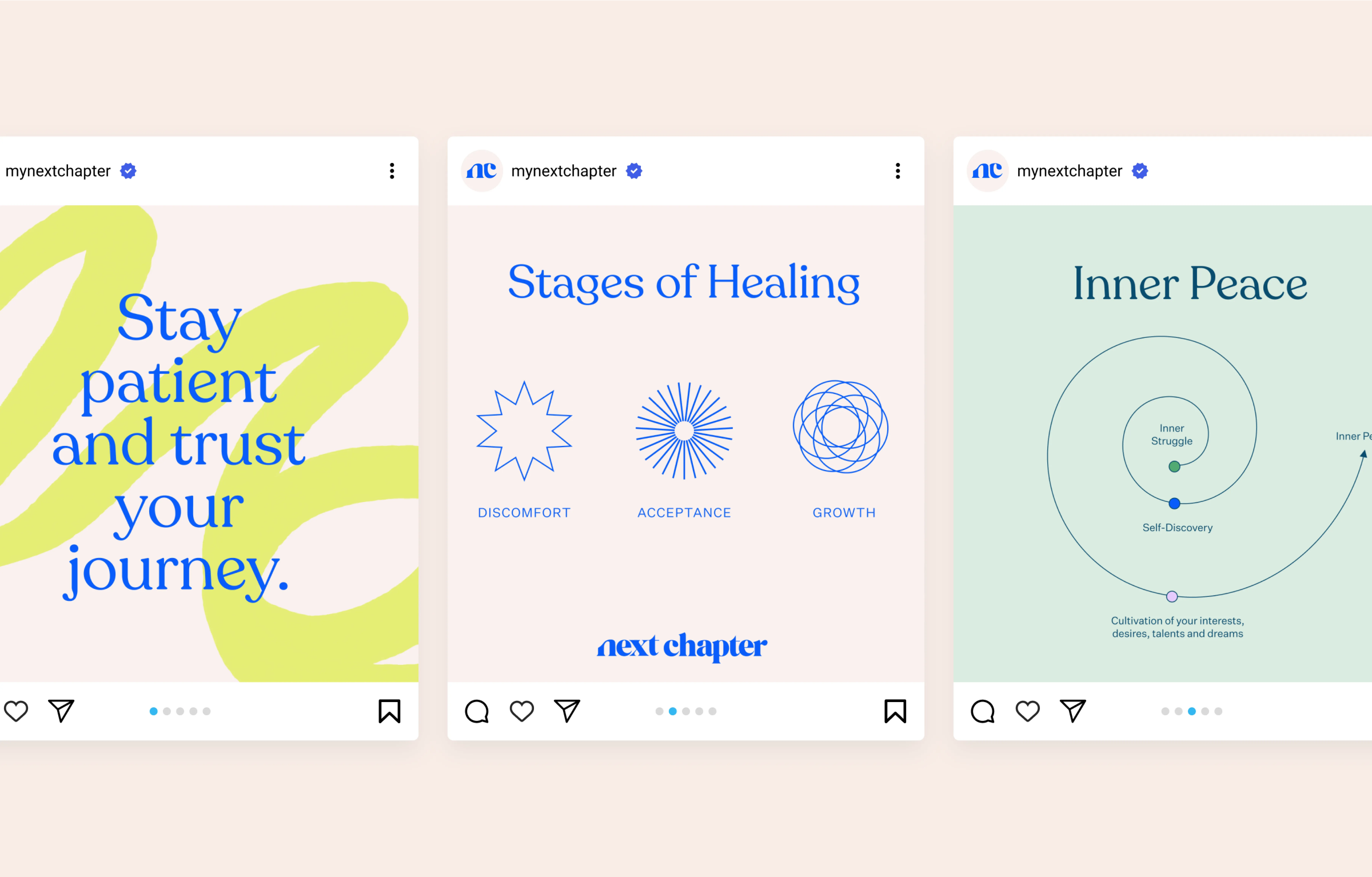 Three pastel Instagram posts from My Next Chapter featuring healing and self-growth themes.