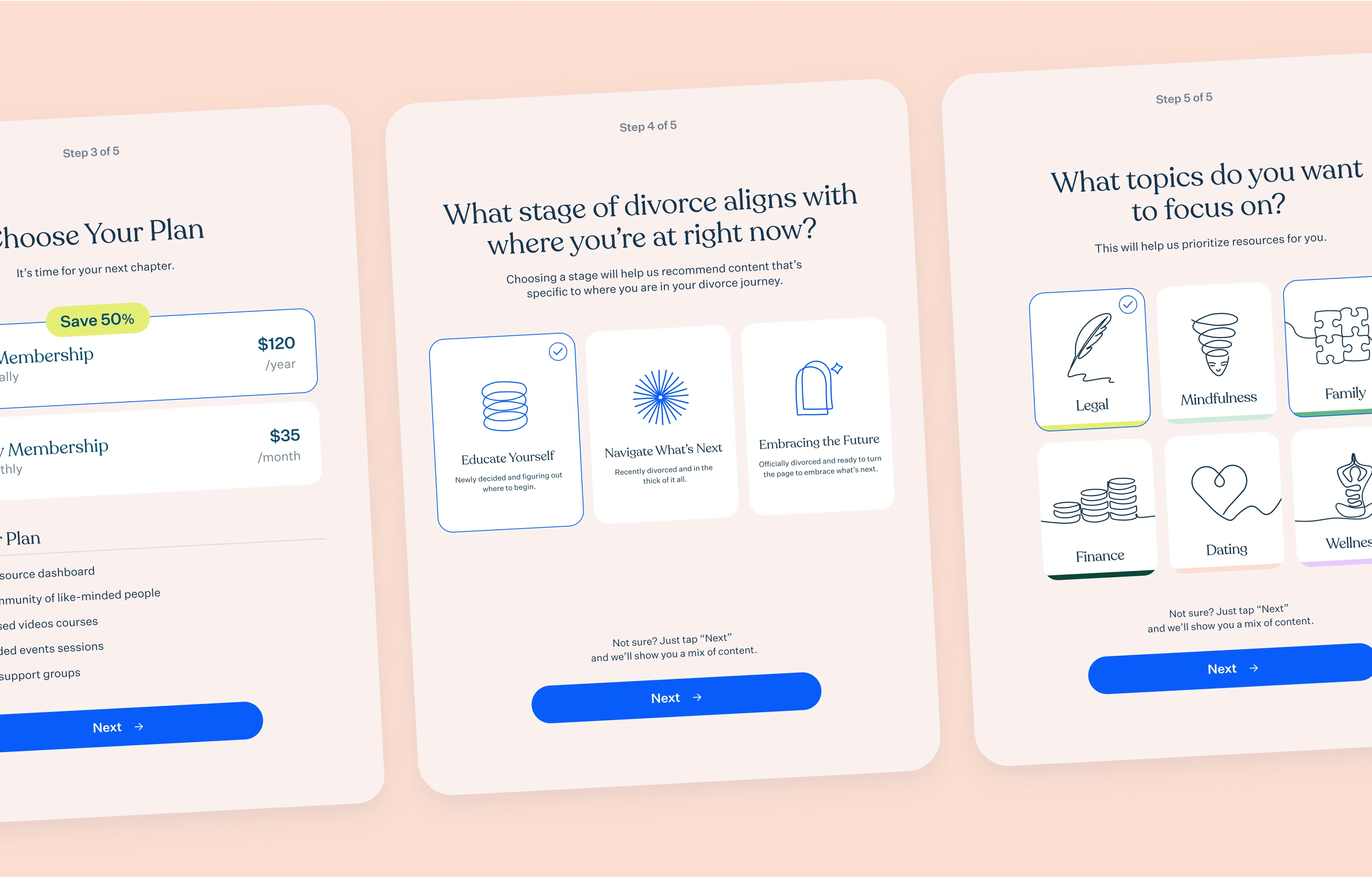 My Next Chapter onboarding quiz showing goal selection, support preferences, and topic interests