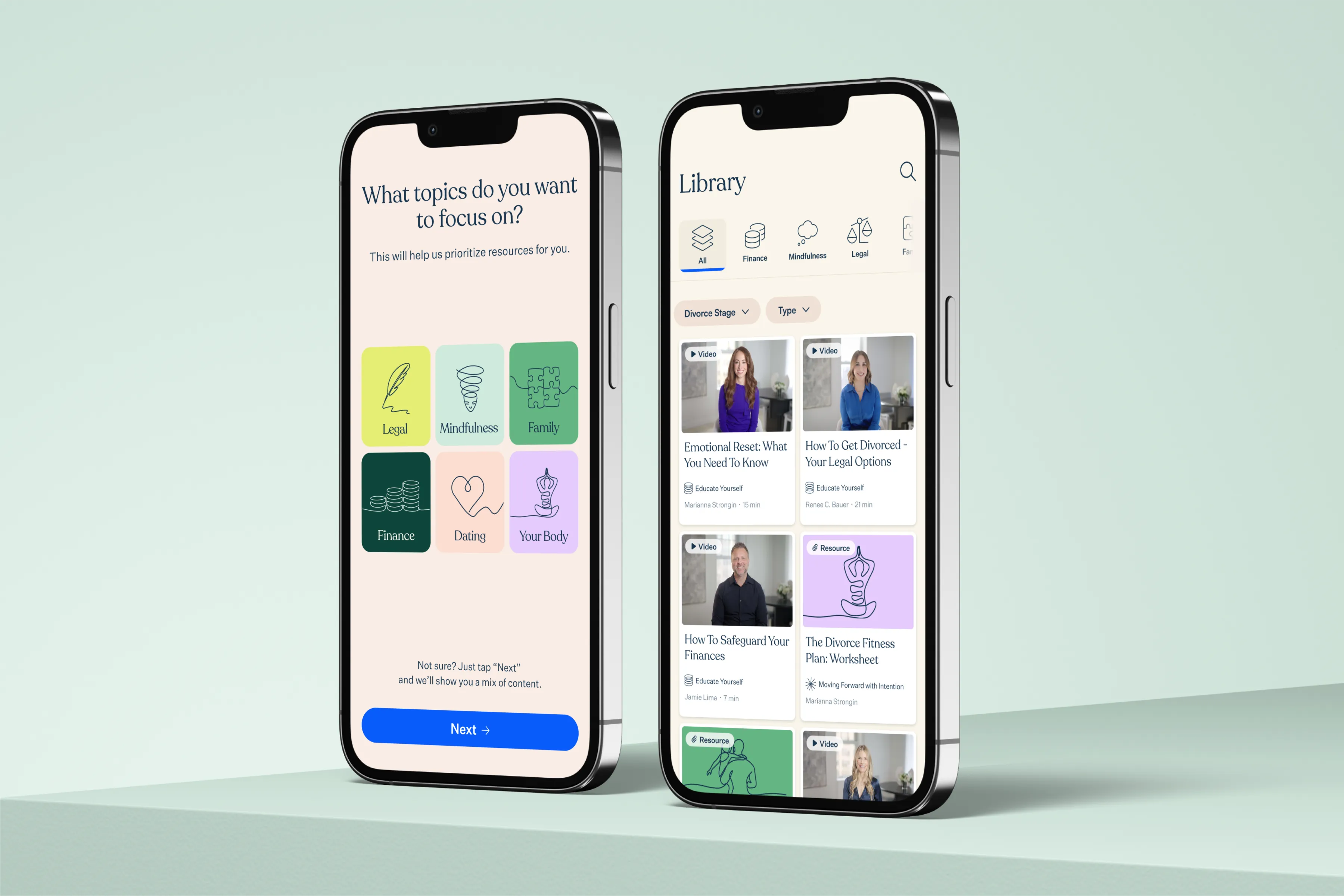 My Next Chapter mobile onboarding showing personalized content selection and video course library