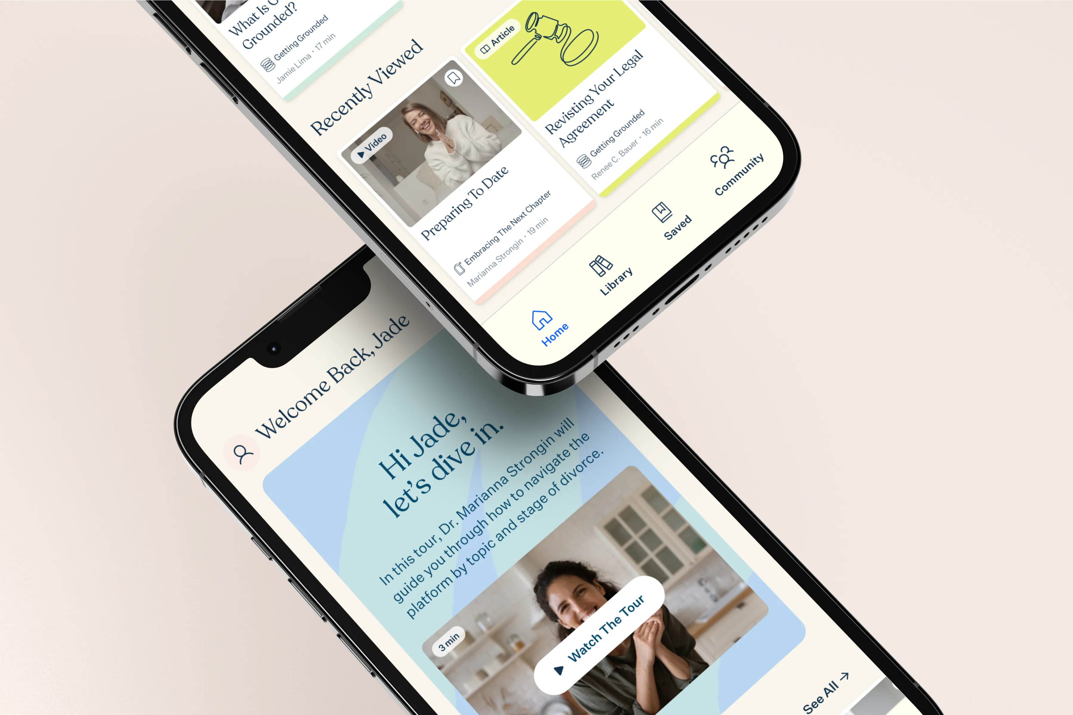 My Next Chapter mobile app screens showing a course overview and a welcome message