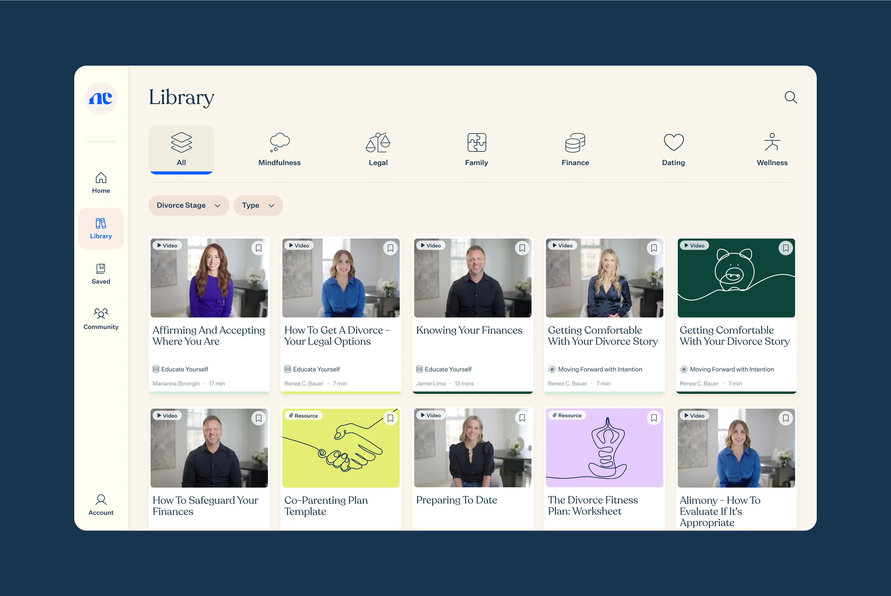 My Next Chapter desktop interface showing a video library with courses on personal development and wellness