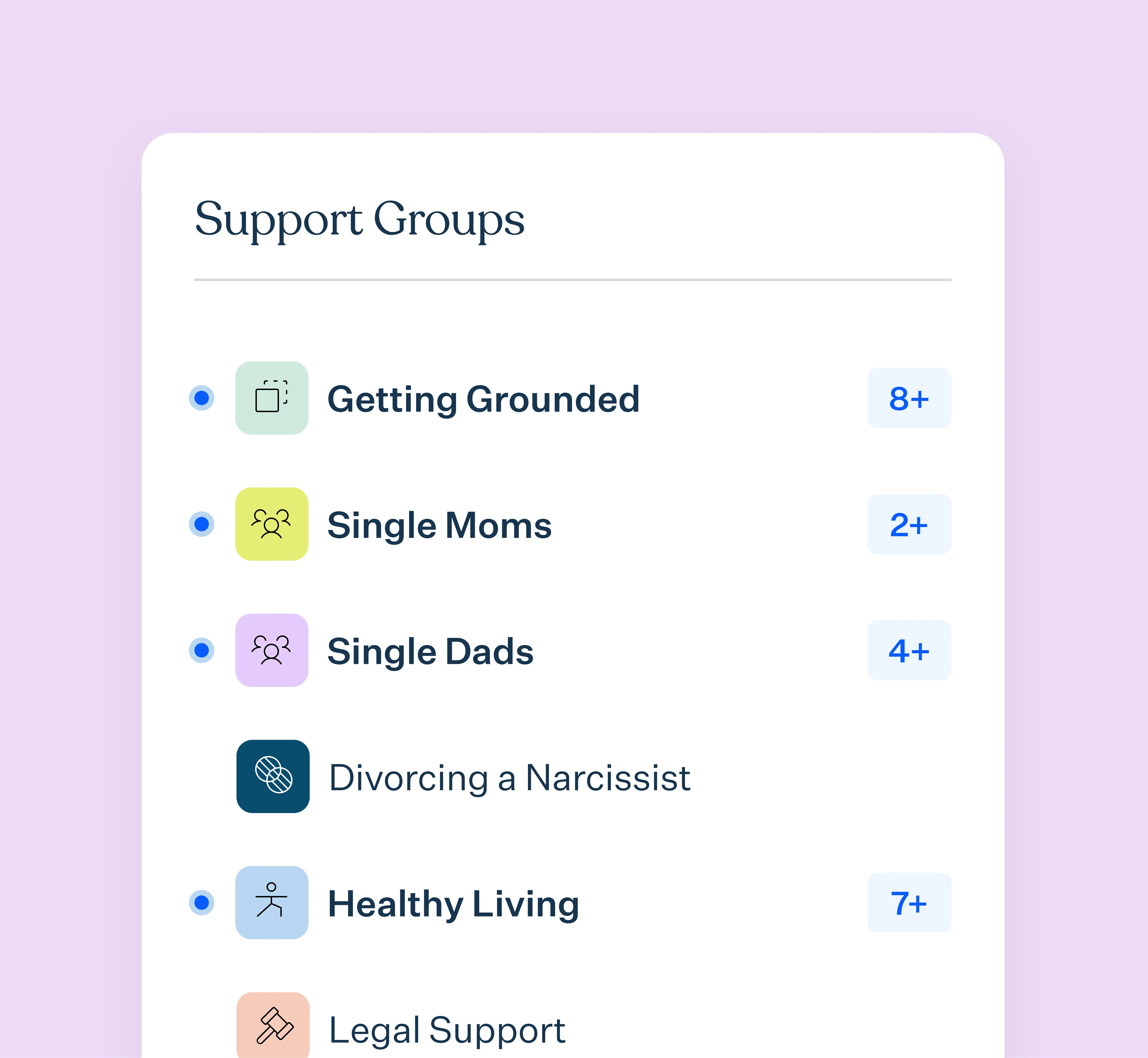 My Next Chapter support groups menu showing categories like Getting Grounded, Single Moms, and Health & Living