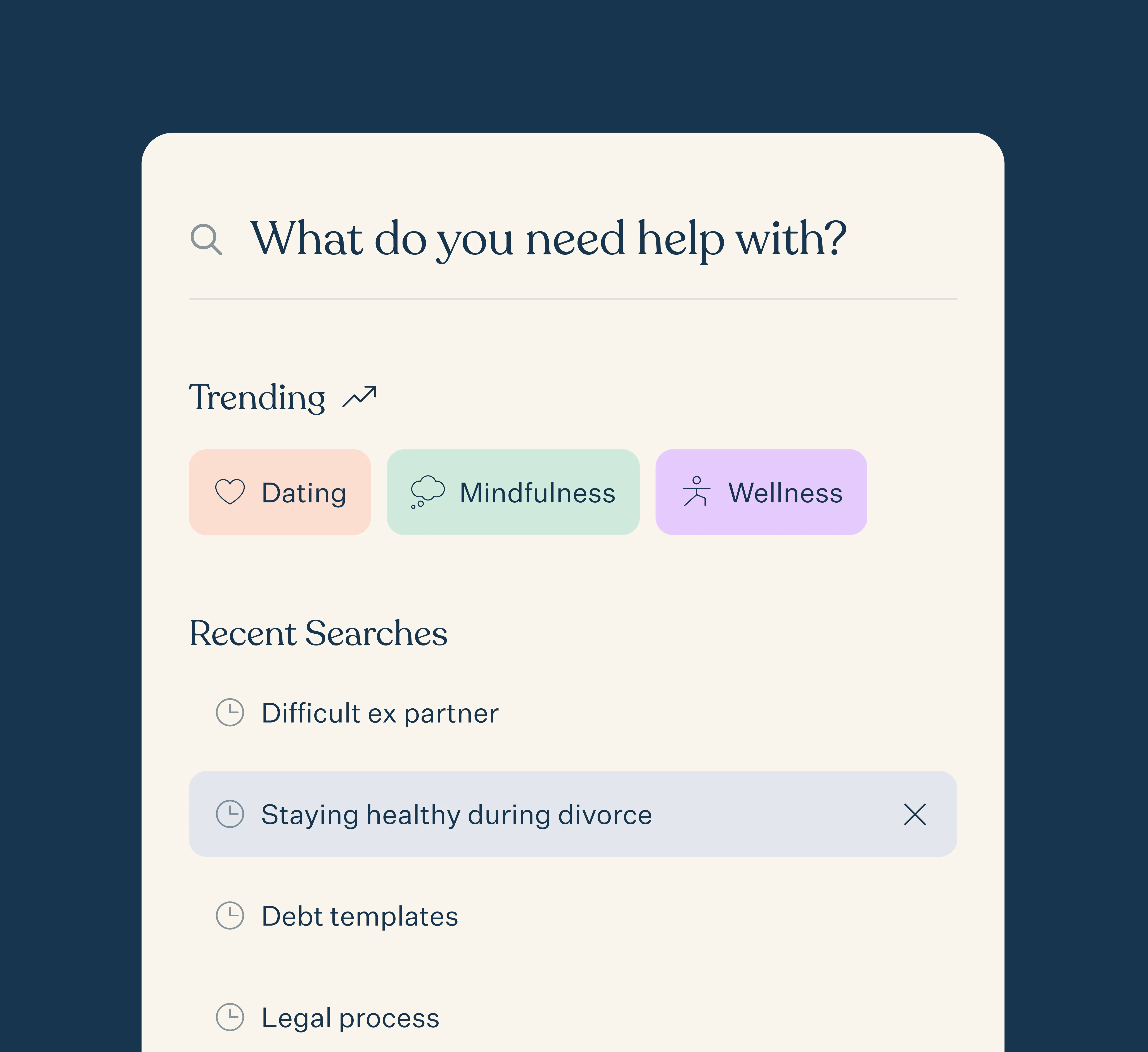 Search interface in My Next Chapter app showing recent queries like 'dating after divorce' and 'co-parenting' with selected tags for Dating, Mindfulness, and Spirituality