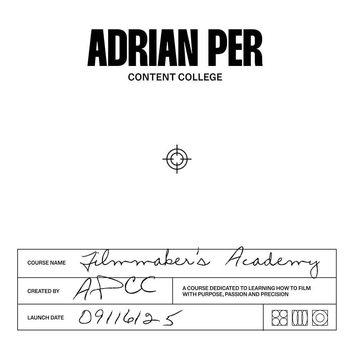 Graphic text mockup styled like a retro videotape sticker, featuring the logo and handwritten font from Adrian Per’s brand identity.