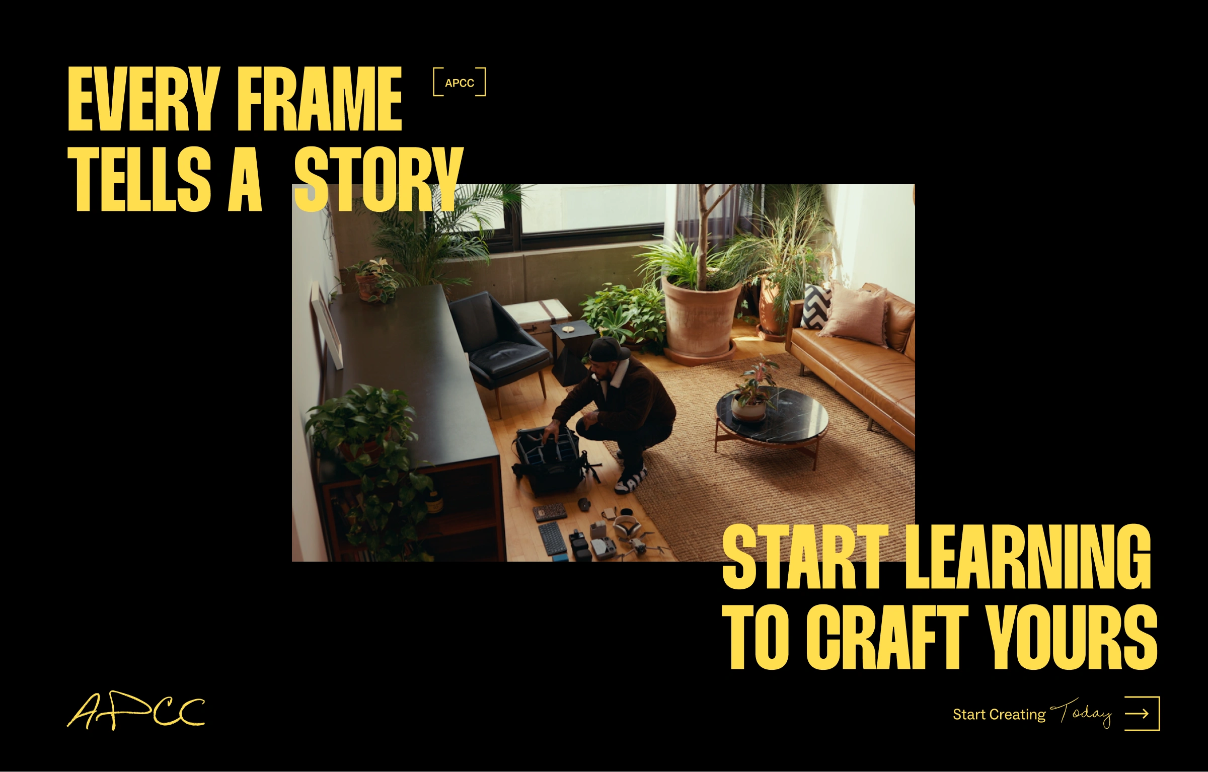 Graphic showing a photo of Adrian in a living room setting up his cameras, with branded elements including buttons, logos, and text reading 'every frame tells a story, start learning to craft yours.'