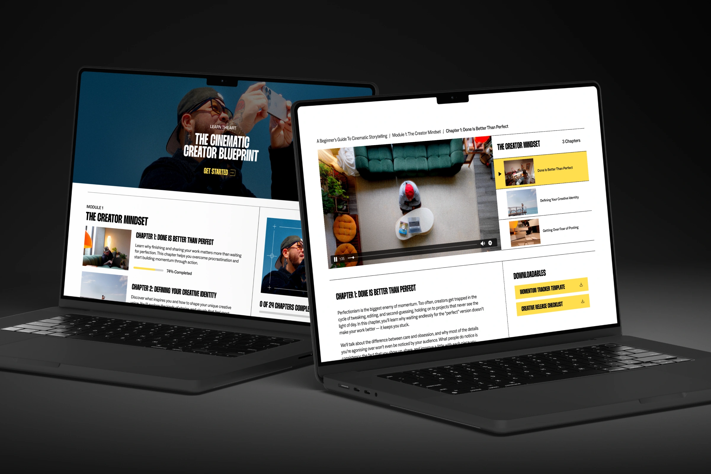 Laptop mockup displaying sections from the Adrian Per Content College course.