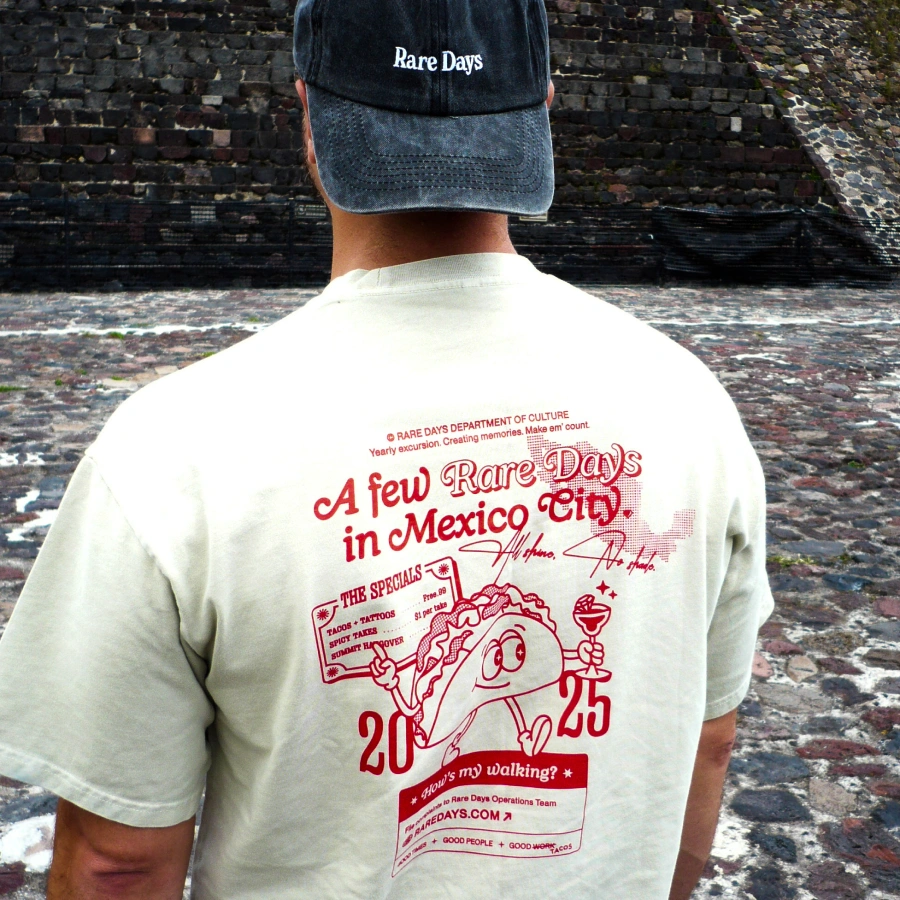 Rare Days summit t-shirt that features a happy taco and says "a few rare days in Mexico City 2025"