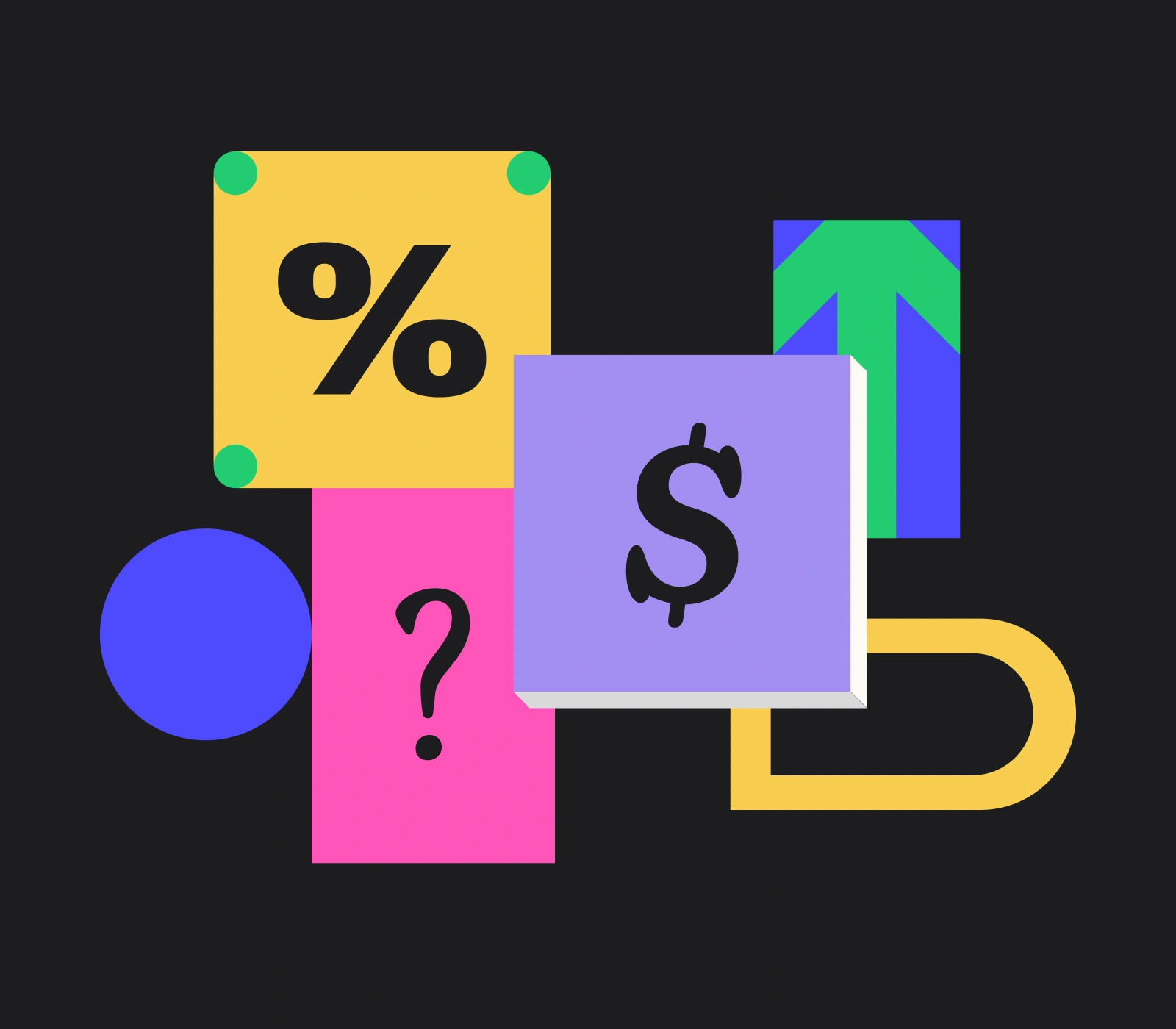 Graphic based art showing a percentage sign, dollar sign, and question mark in fun colorful blocks.