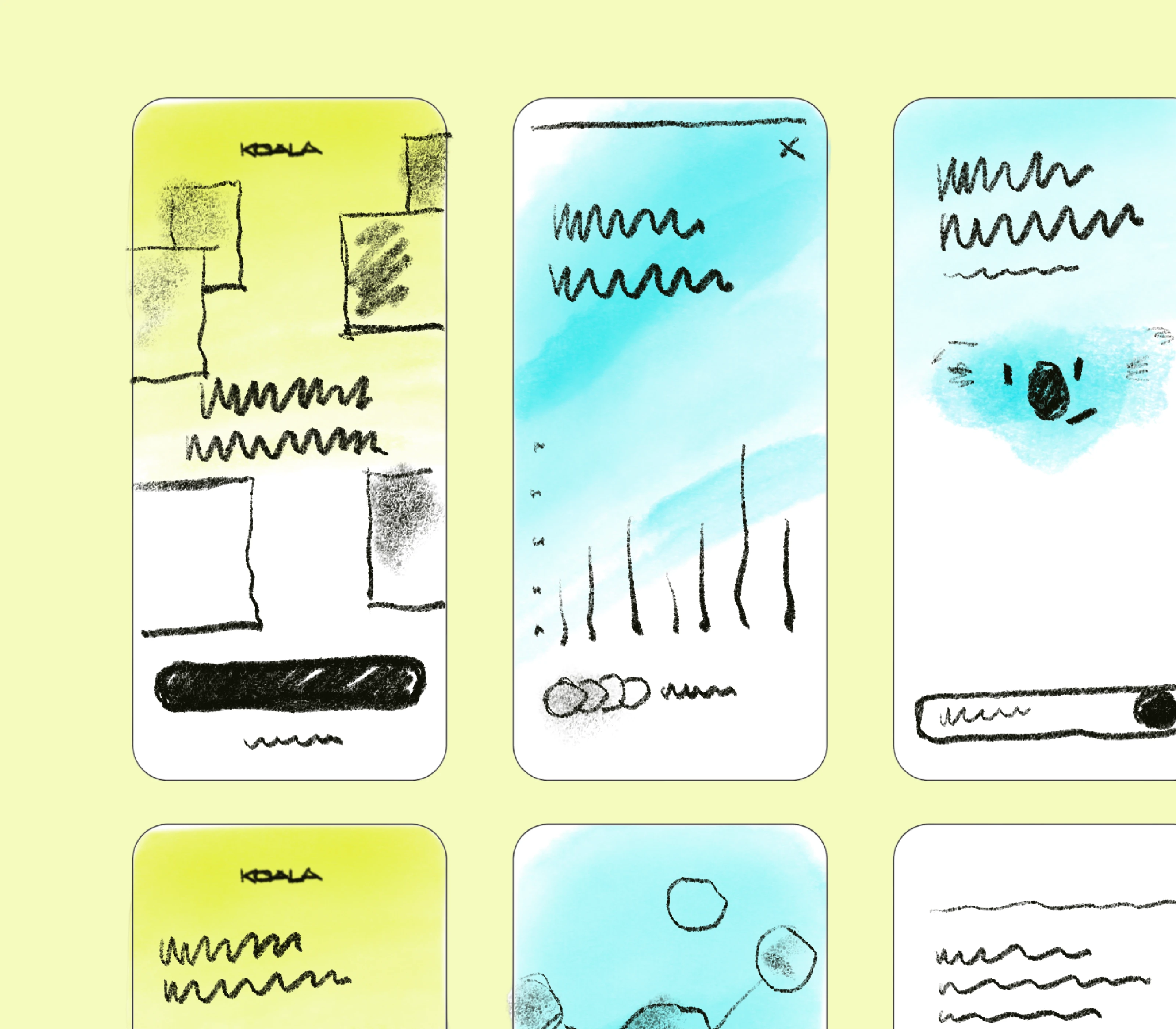 Hand-drawn Koala app screen sketches on a yellow background
