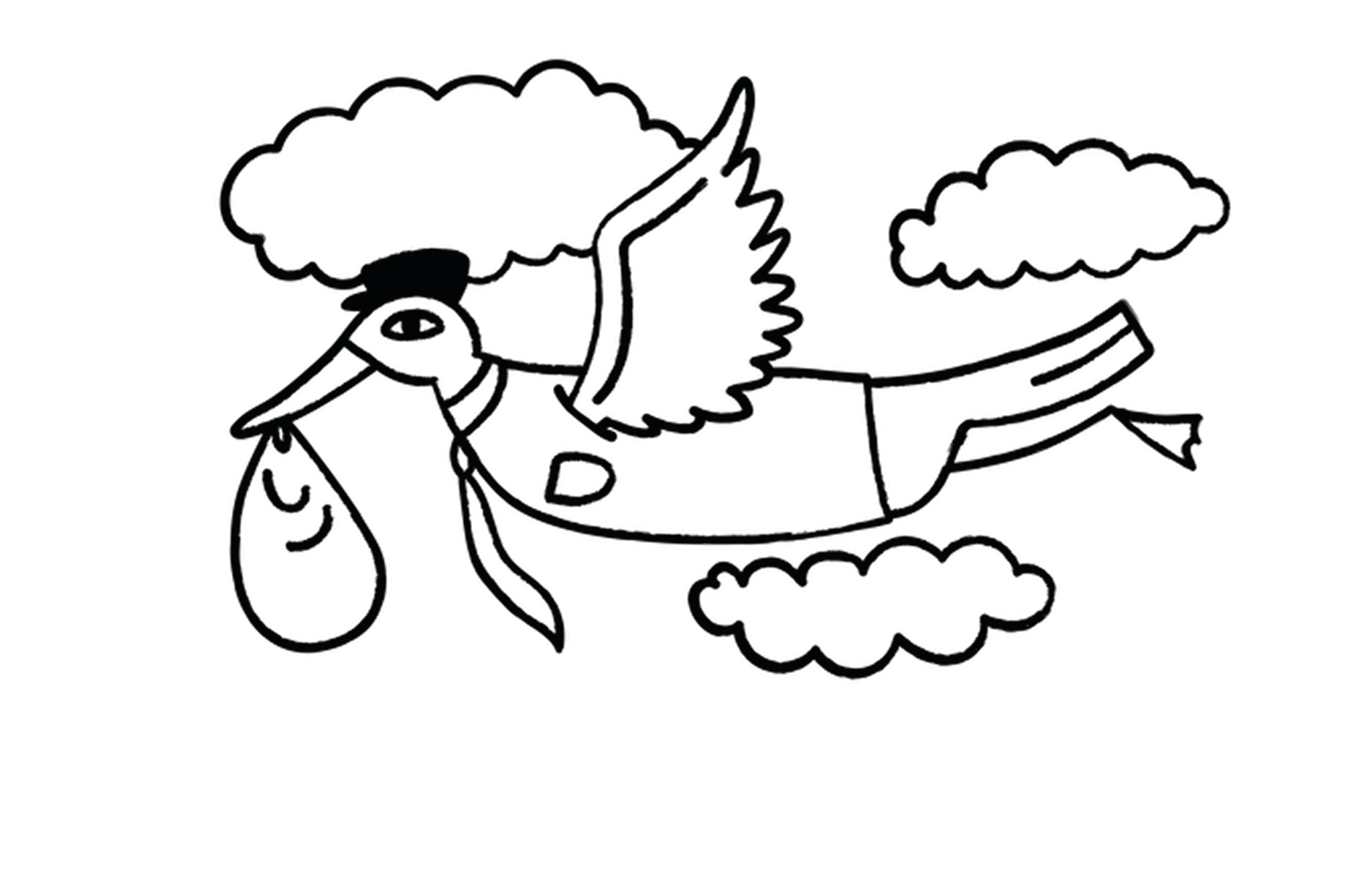 A funny doodle of a crane with a T-shirt on flying in the clouds carrying a bag in its beak.
