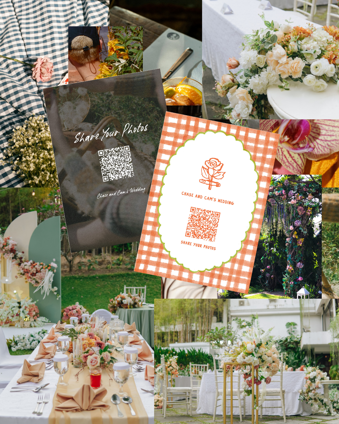 Two custom wedding QR codes for photos along with garden inspired wedding decor.