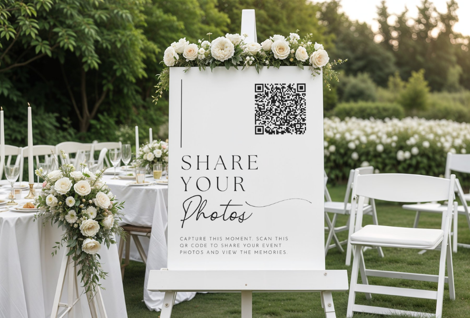 Wedding photo booth ideas of a QR code sign at a wedding reception outside surrounded by tables with florals.