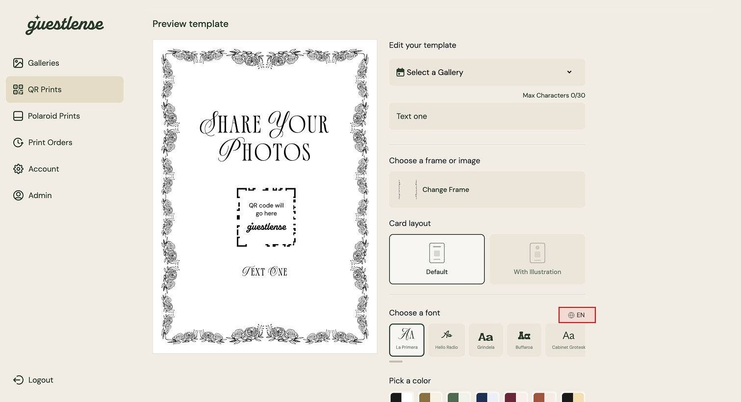 Guestlense website steps for designing wedding QR codes for photos.
