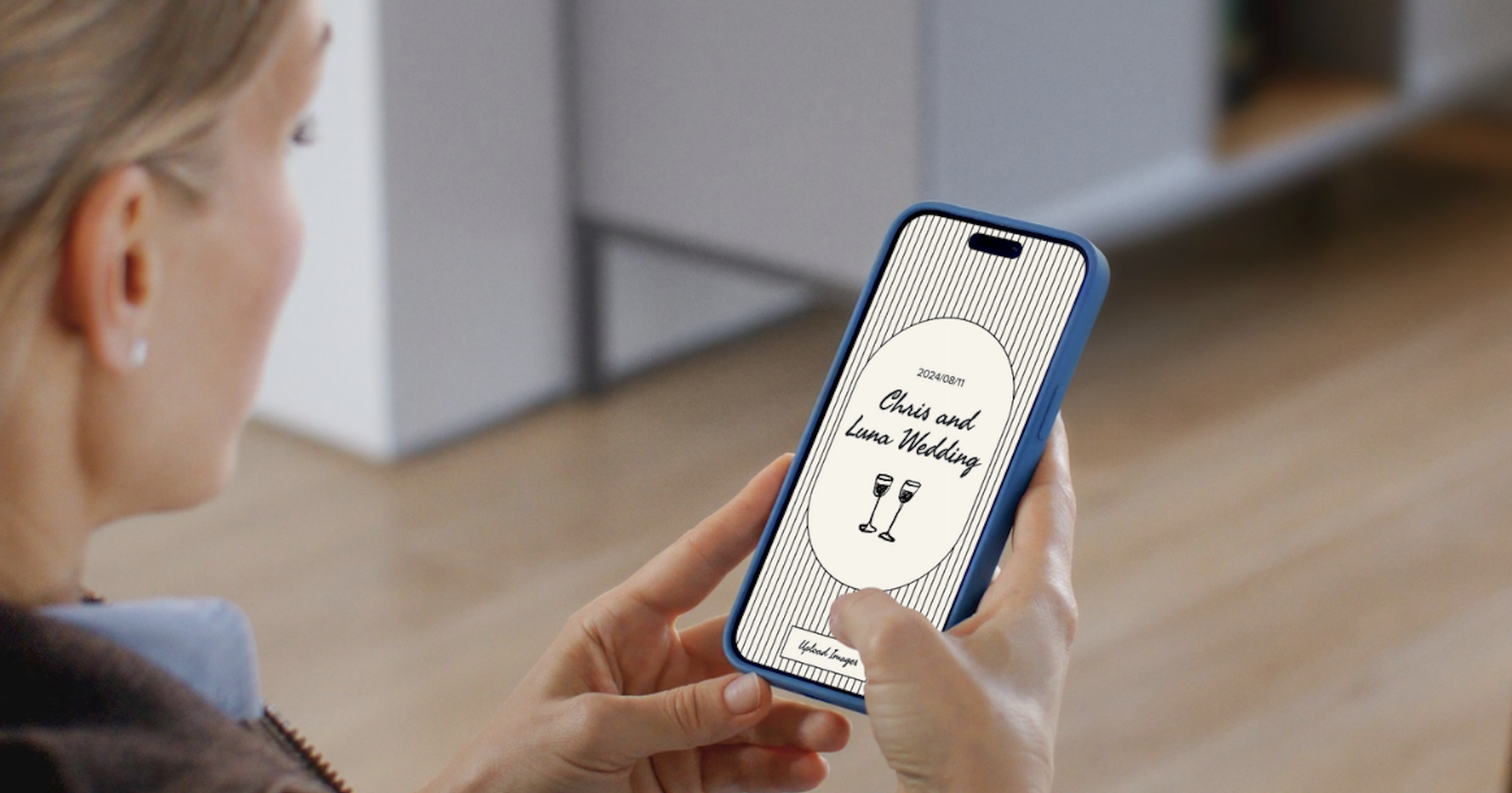 A woman creating her digital wedding guest book with Guestlense.