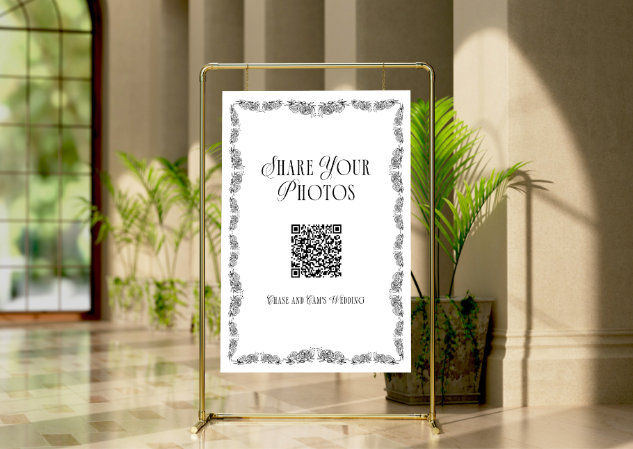 A wedding QR code sign to collect different wedding picture ideas.
