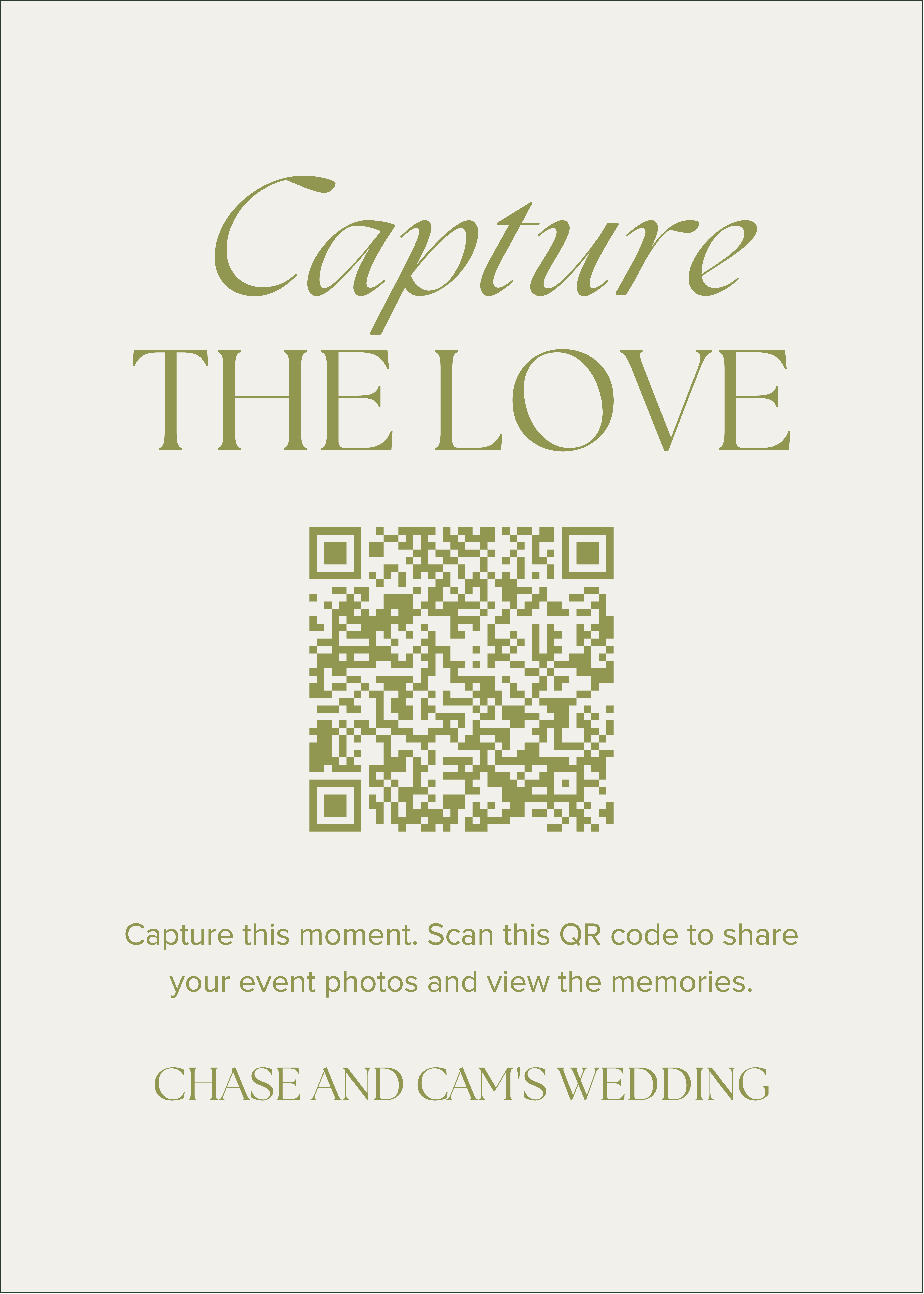 A custom wedding QR code card to collect guest photos and videos.