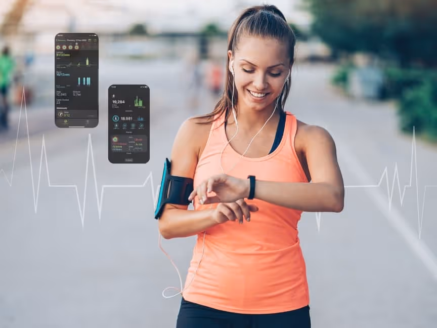 women running with health wrist watch checking health stats