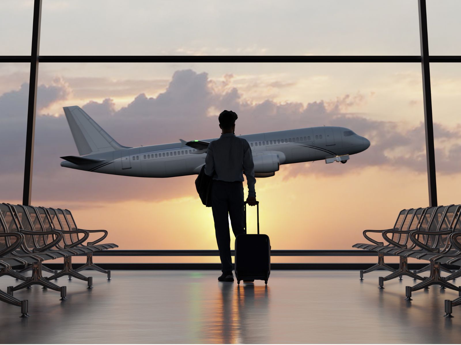 Man standing looking at a plane taking off in the airport through the windows