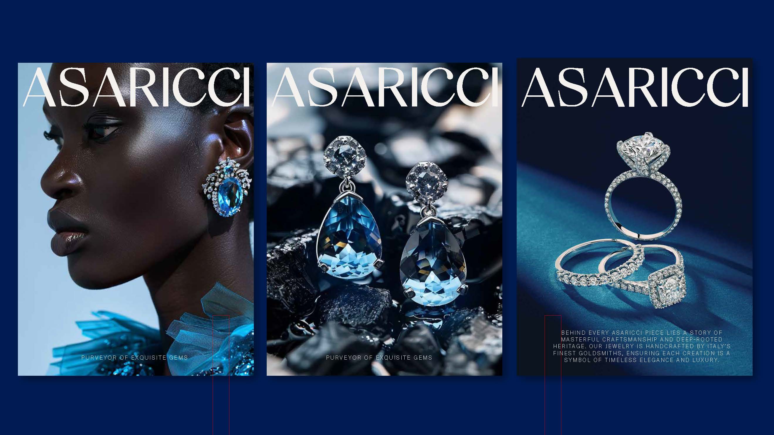 We crafted Asaricci’s brand identity to embody the essence of heirloom luxury, affluence, and timeless style, drawing inspiration from the radiance of December birthstones. The refined color palette—royal blue, snow mount, and hues of brown—symbolizes prestige and elegance, purity and sophistication, and warmth and heritage, respectively. Every design element was carefully curated to reflect the brand’s commitment to exquisite craftsmanship and lasting beauty.